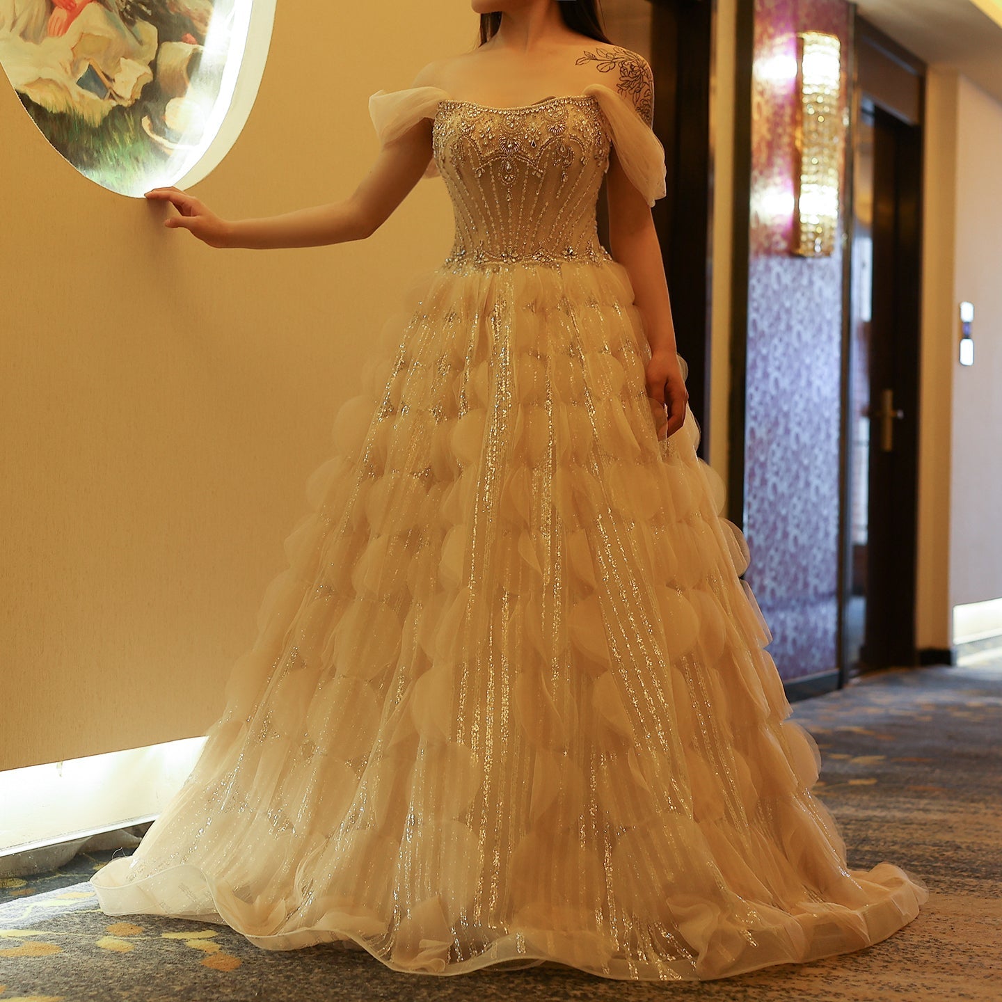 Luxury Crystal Ball Gown Blush Pink Ruffles Evening Dress SS733