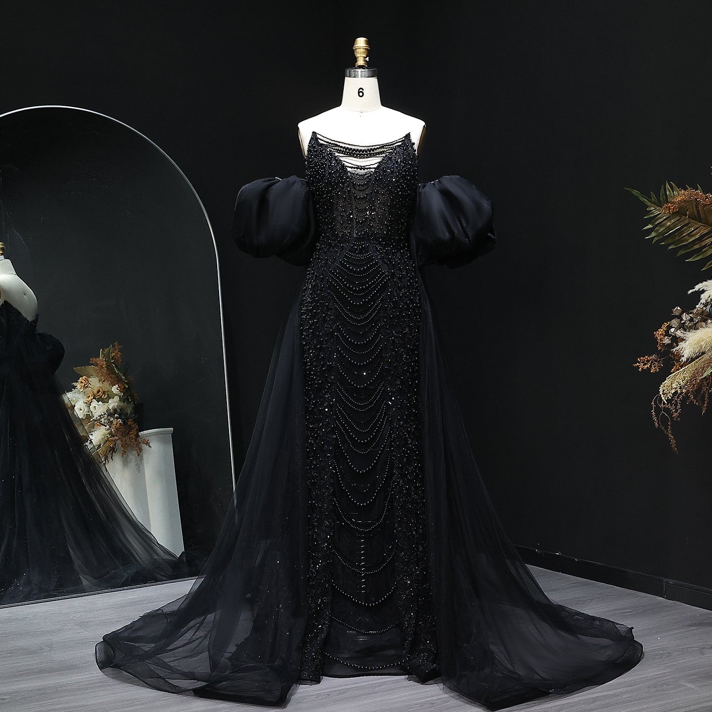 Luxury Pearls Tassel Purple Evening Dress with Cape SS199  Black / US 16