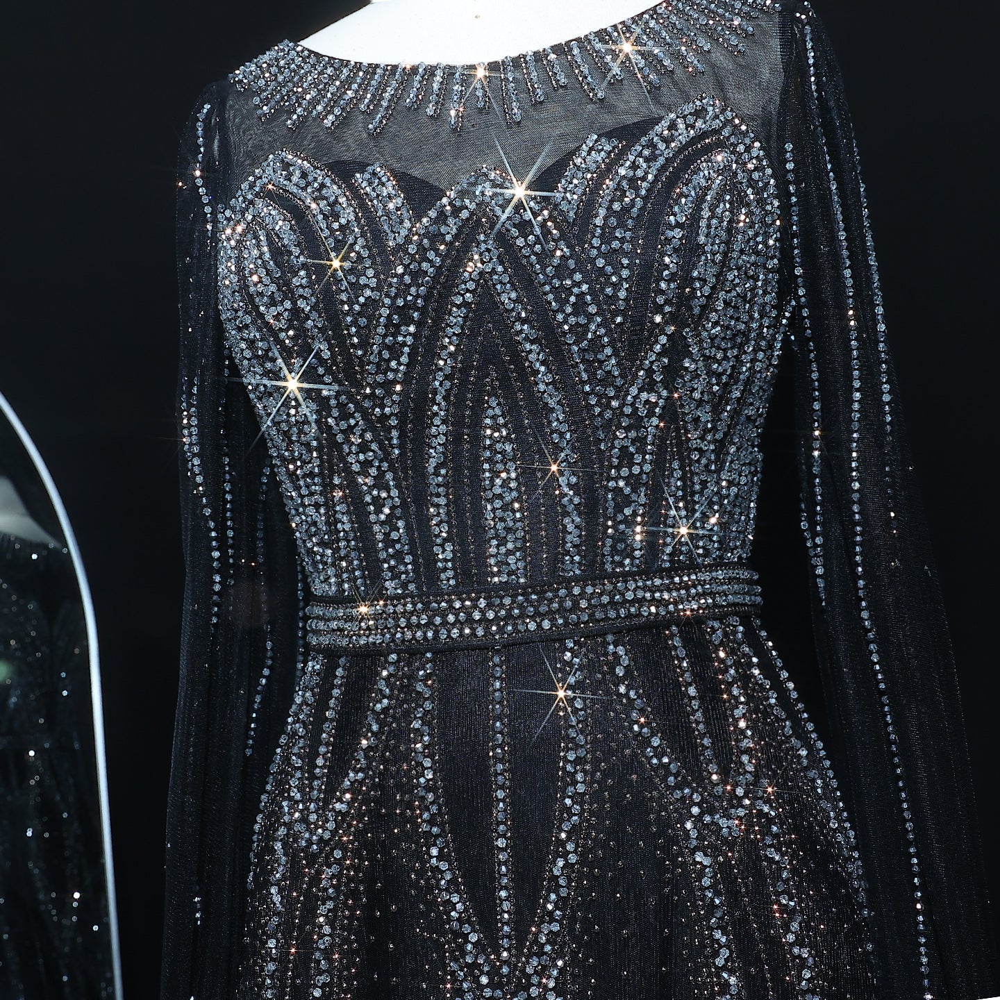 Luxury Blue Beaded Evening Dress with Cape Sleeves SS032