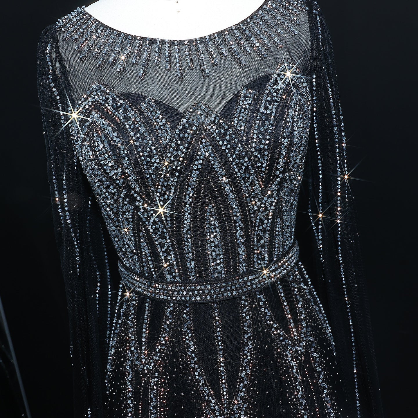 Luxury Blue Beaded Evening Dress with Cape Sleeves SS032