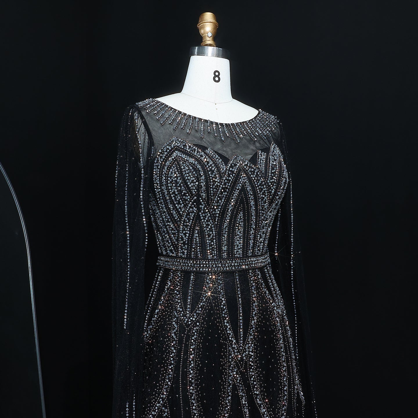 Luxury Blue Beaded Evening Dress with Cape Sleeves SS032