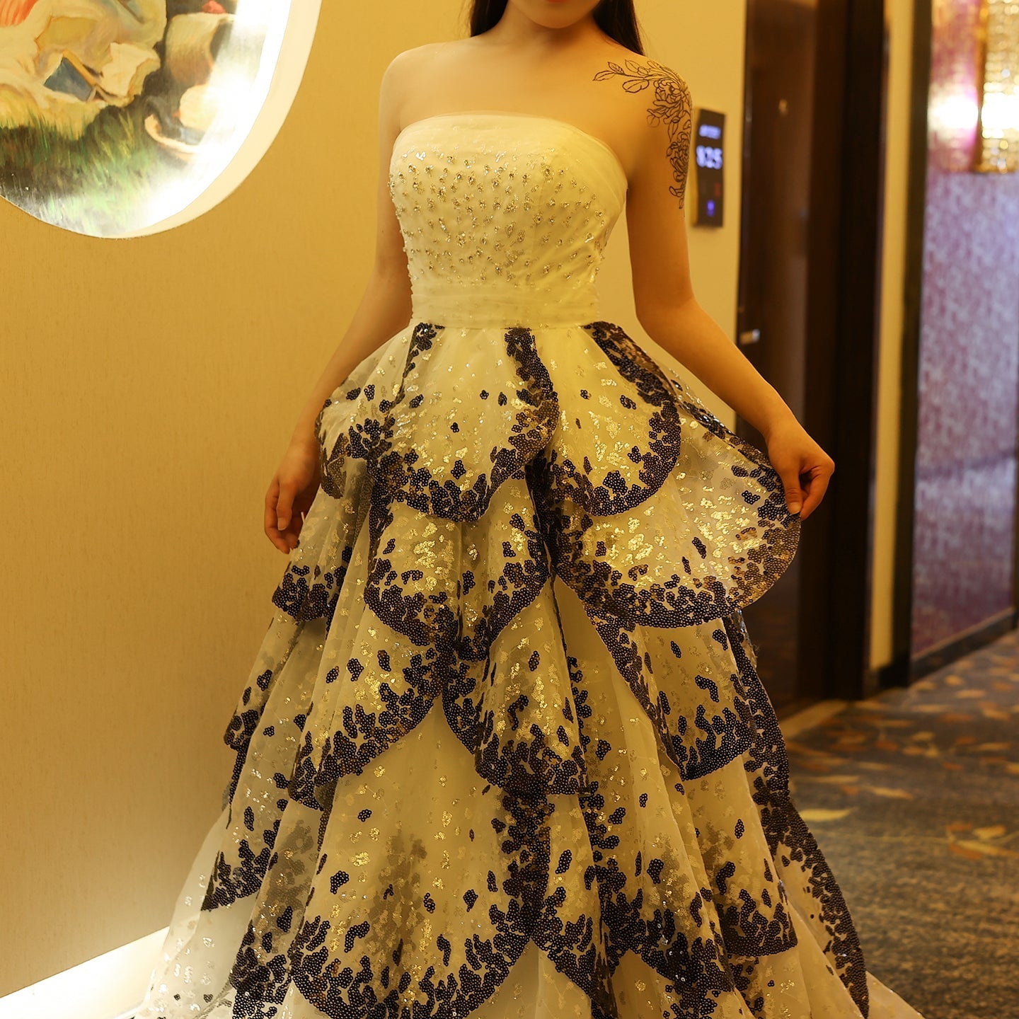 Luxury Black and White Ruffles Strapless Evening Dress SS290