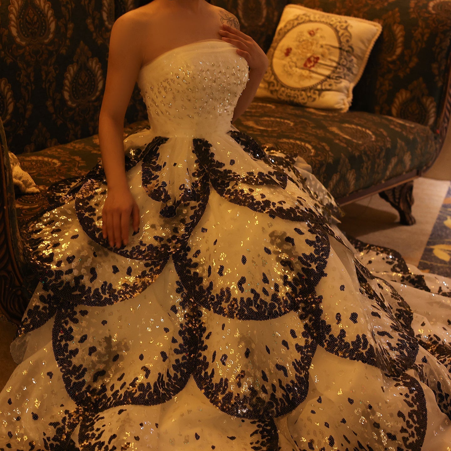 Luxury Black and White Ruffles Strapless Evening Dress SS290