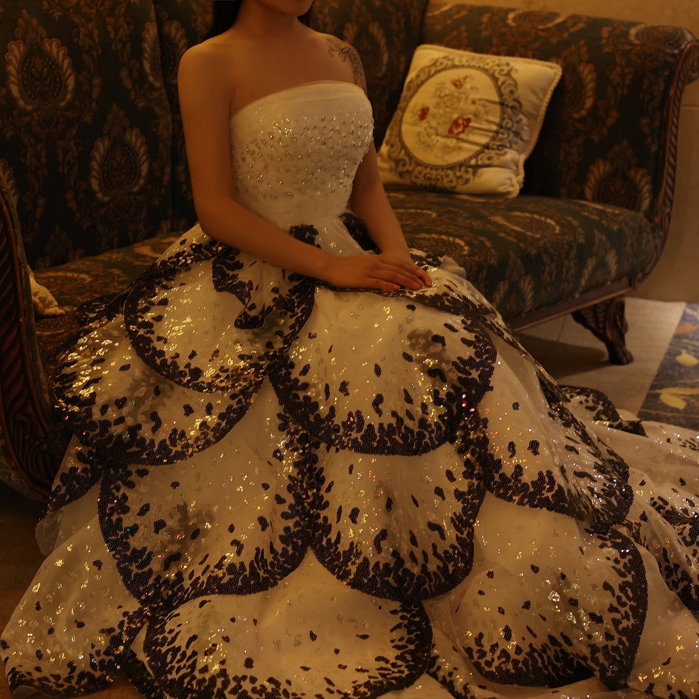 Luxury Black and White Ruffles Strapless Evening Dress SS290