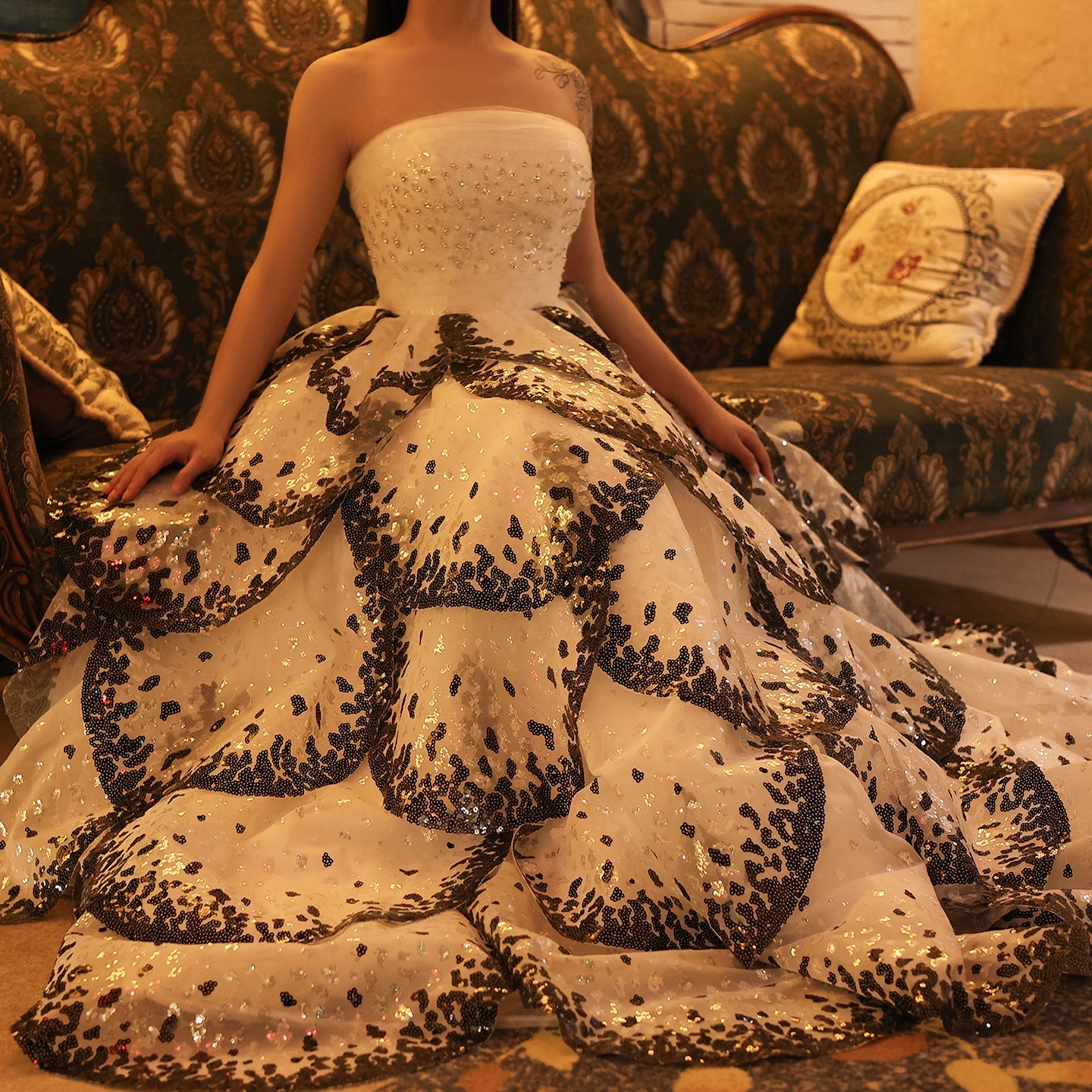 Luxury Black and White Ruffles Strapless Evening Dress SS290