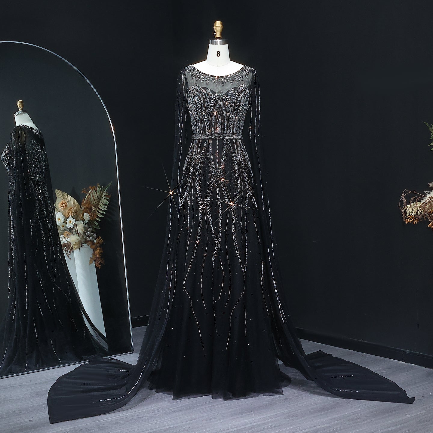 Luxury Blue Beaded Evening Dress with Cape Sleeves SS032  Black / US 18