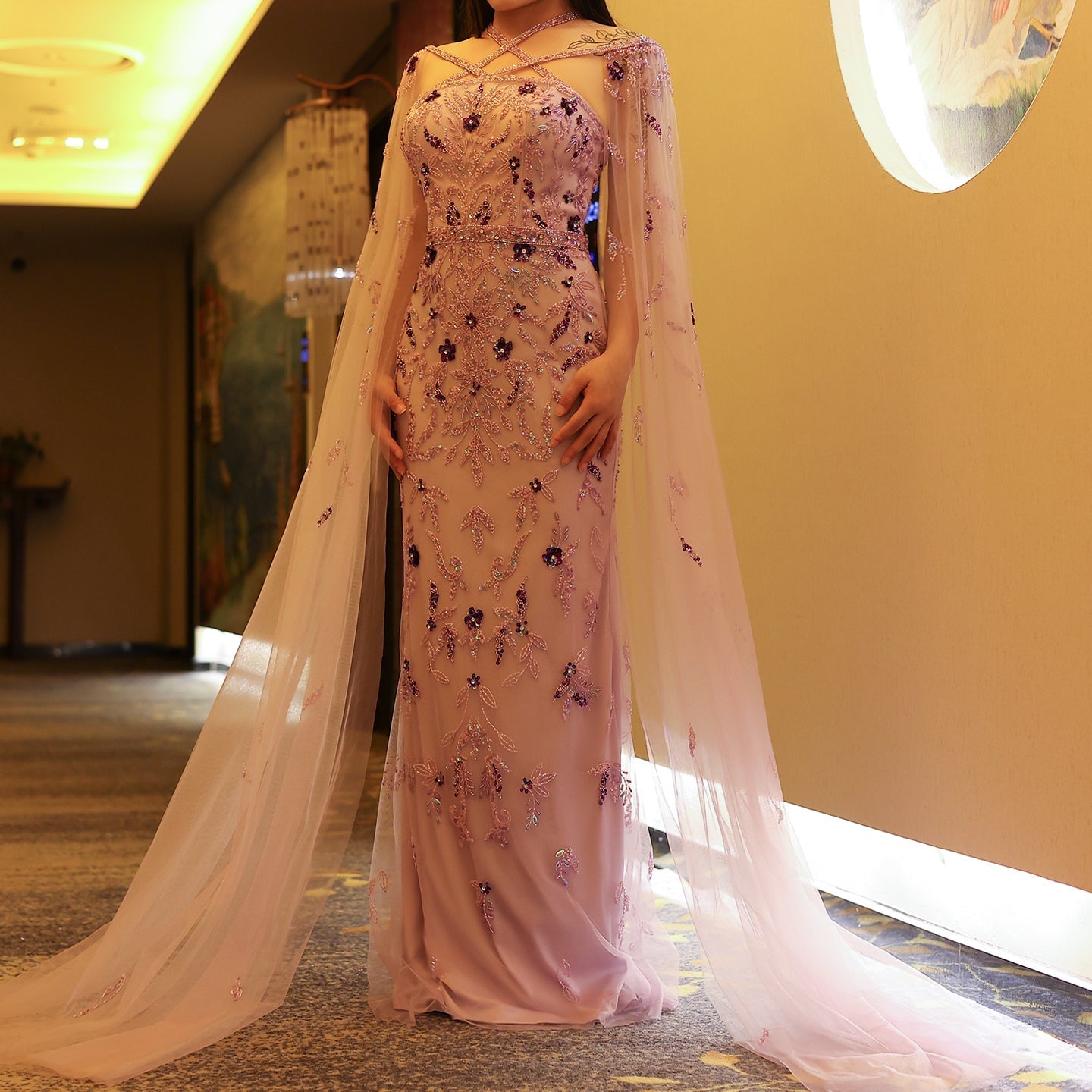 Luxury Lilac Criss Cross Evening Dress with Cape Sleeves SS370