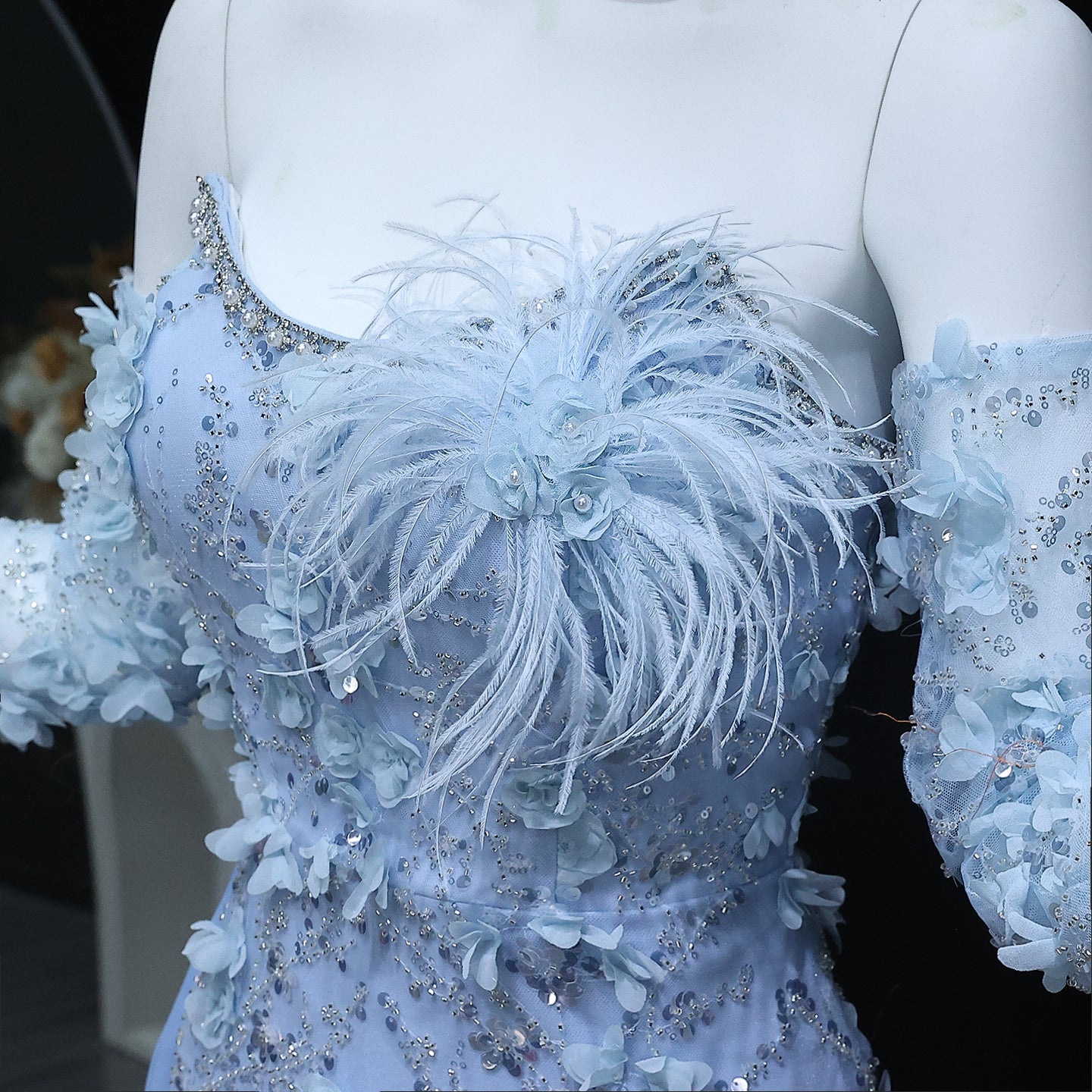 Elegant Blue 3D Flowers Feathers Evening Dress with Sleeves SS342