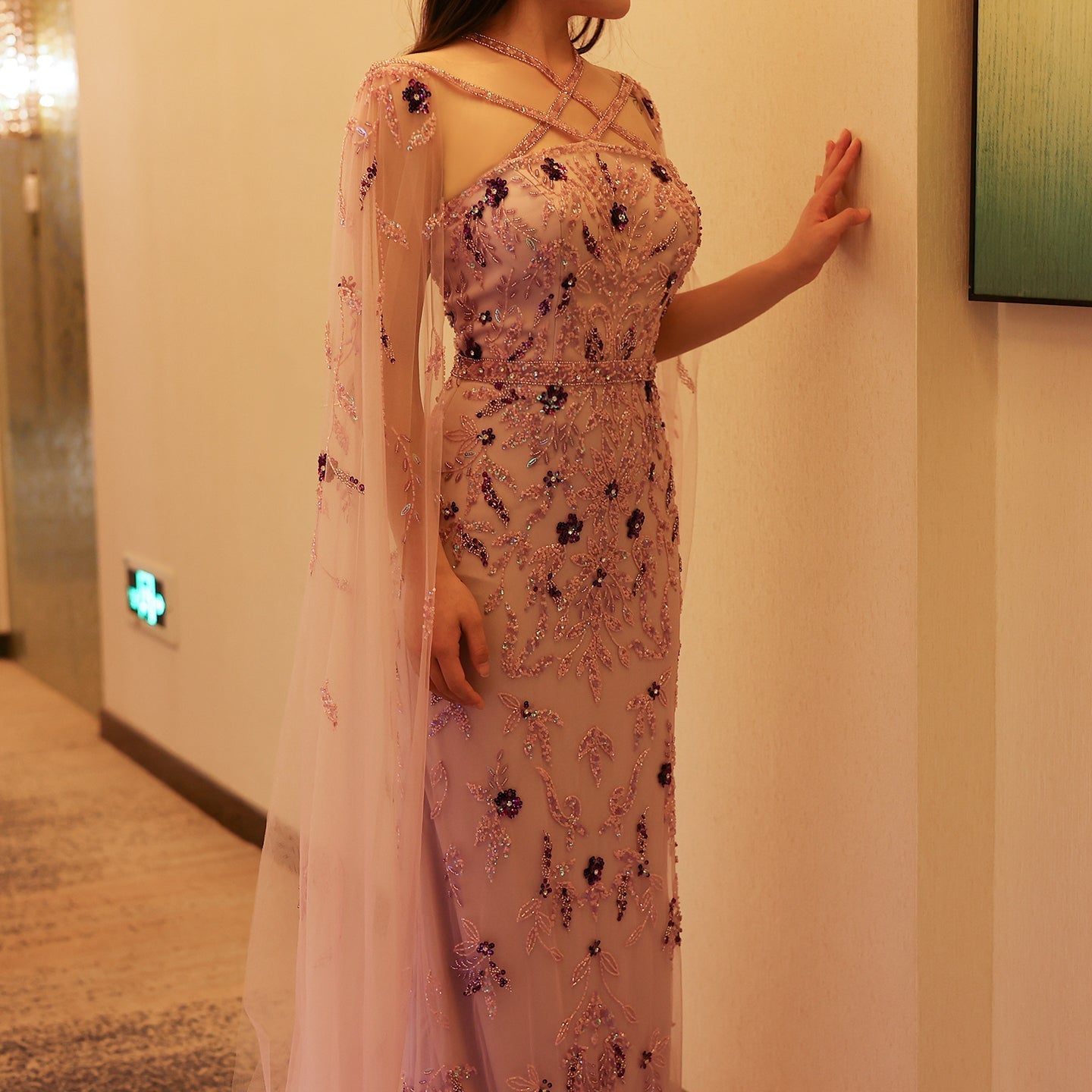 Luxury Lilac Criss Cross Evening Dress with Cape Sleeves SS370