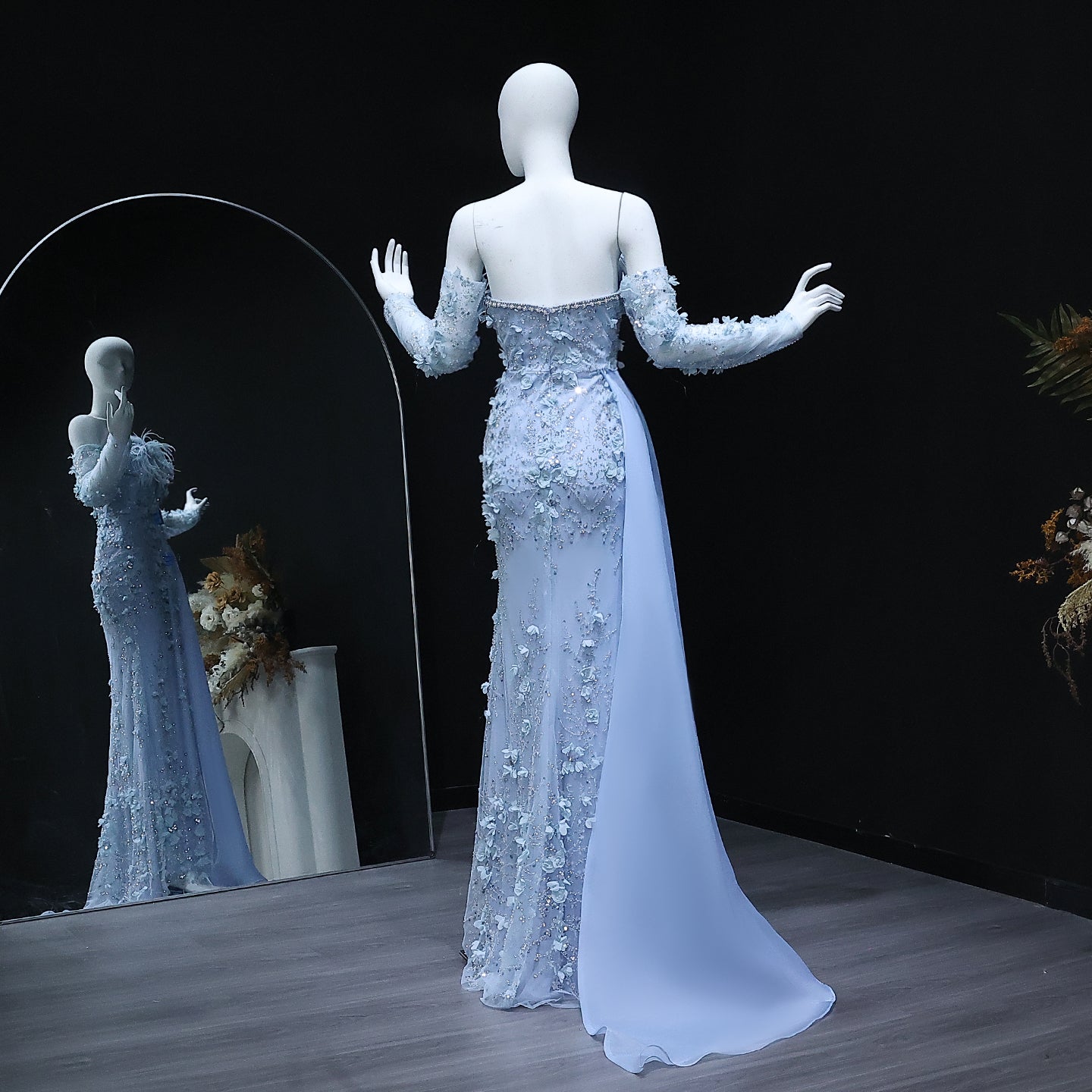 Elegant Blue 3D Flowers Feathers Evening Dress with Sleeves SS342
