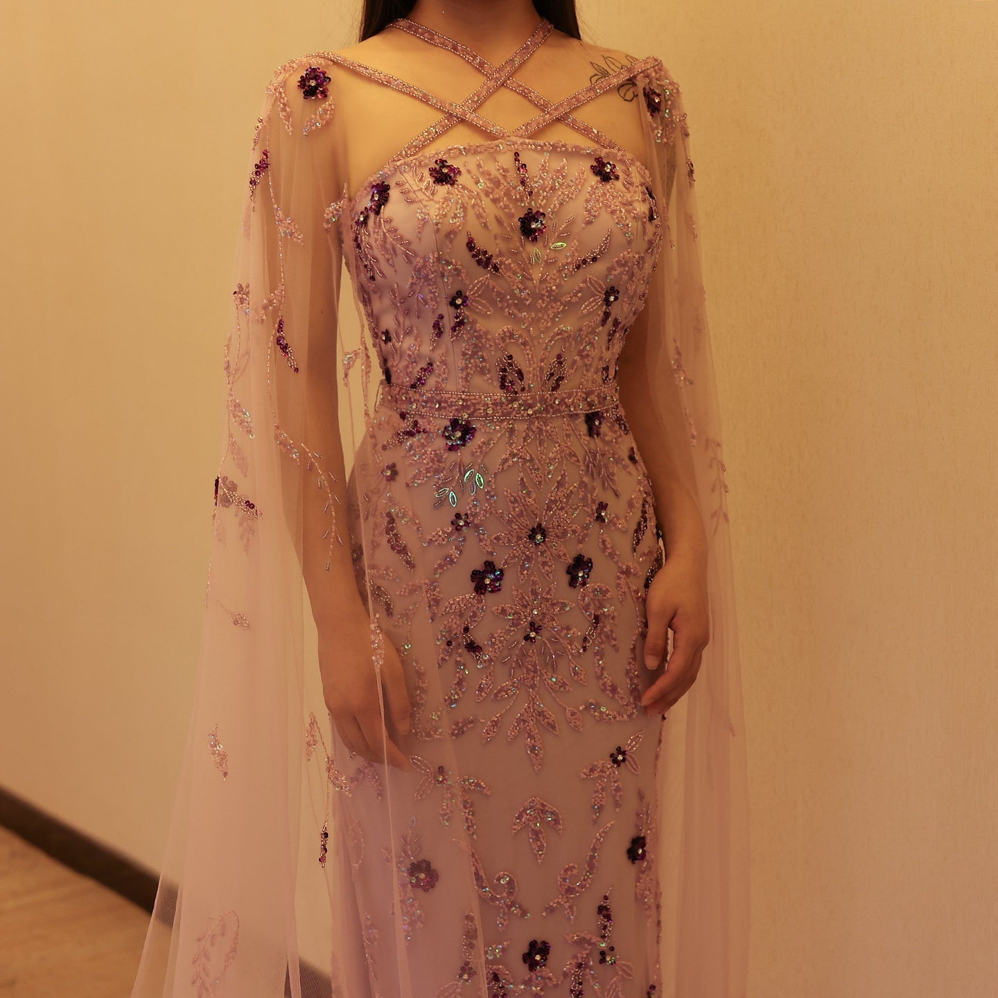 Luxury Lilac Criss Cross Evening Dress with Cape Sleeves SS370