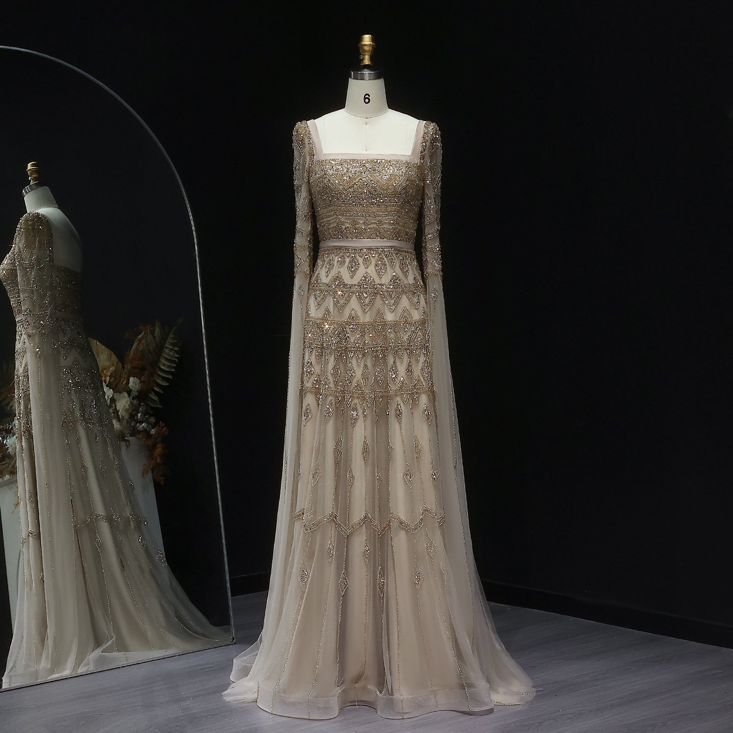 Luxury Wine Red Evening Dress with Cape Sleeves SS461  Champagne / US 20