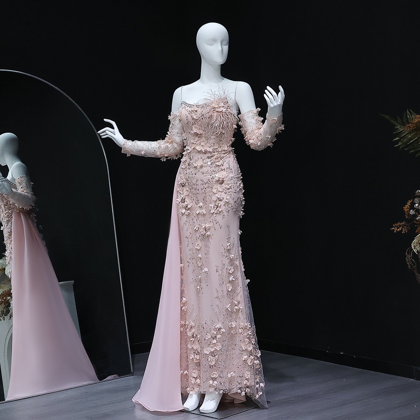 Elegant Blue 3D Flowers Feathers Evening Dress with Sleeves SS342  Pink / US 16