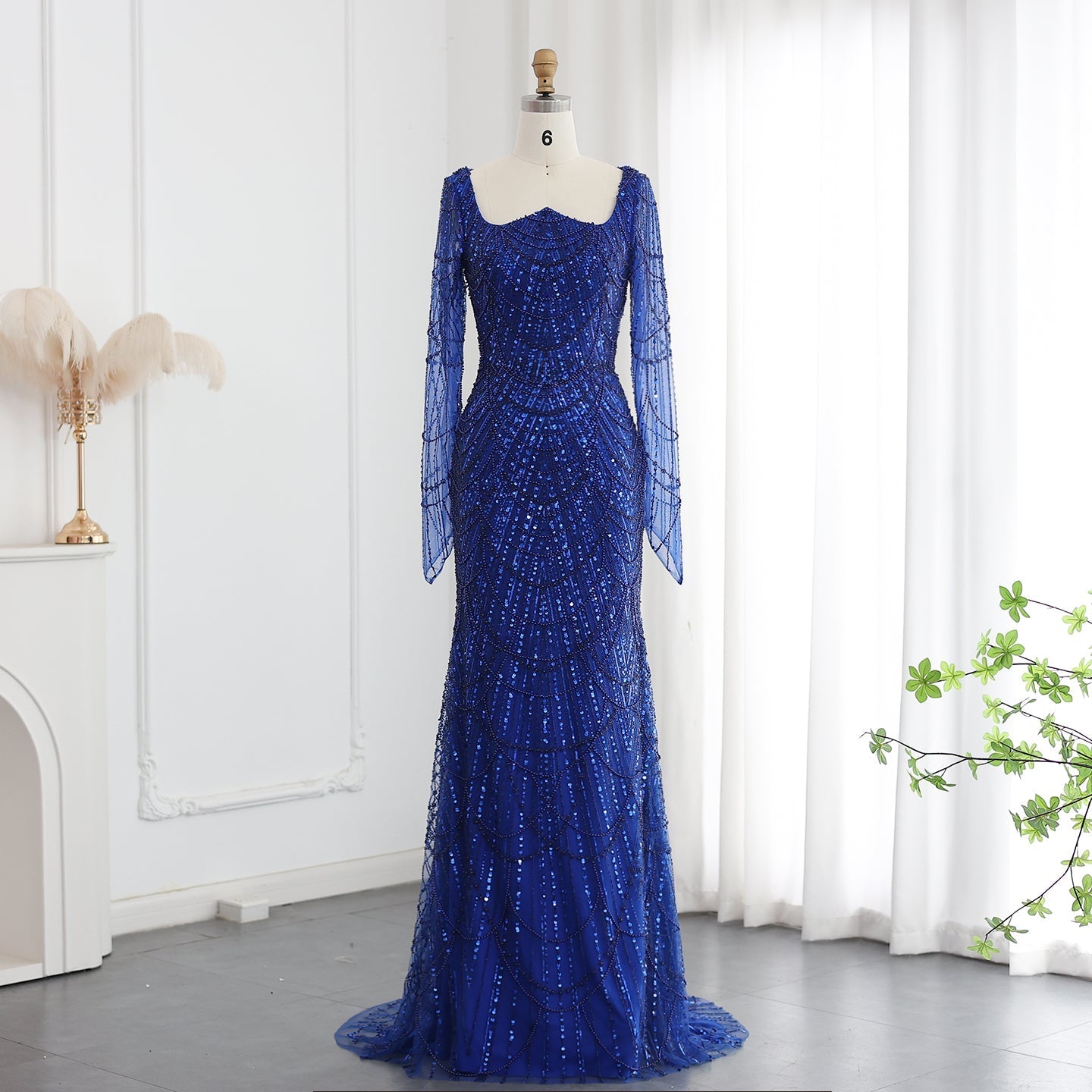 Luxury Beaded Champagne Long Sleeves Mermaid Evening Dress SS686  Blue / US 16