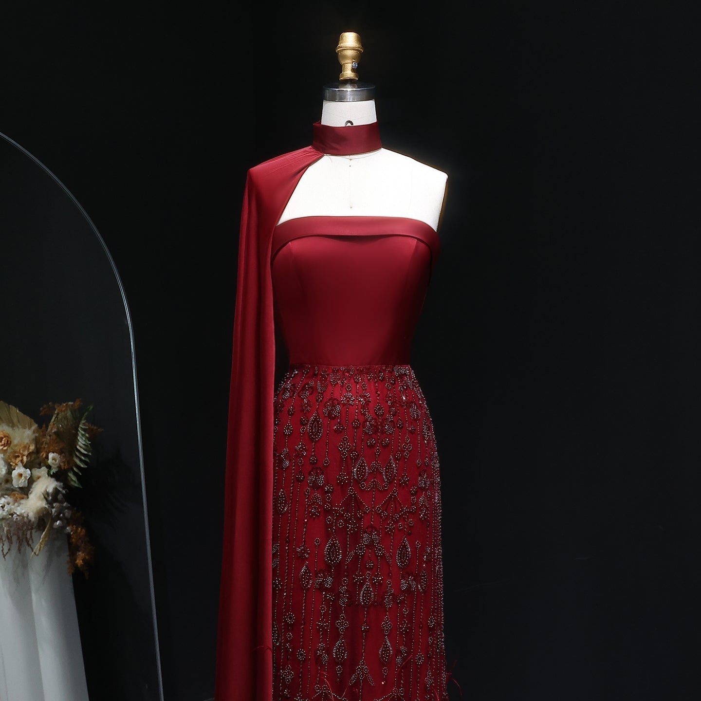 Luxury Sage Green Feathers Evening Dress with Scarf Cape SS014