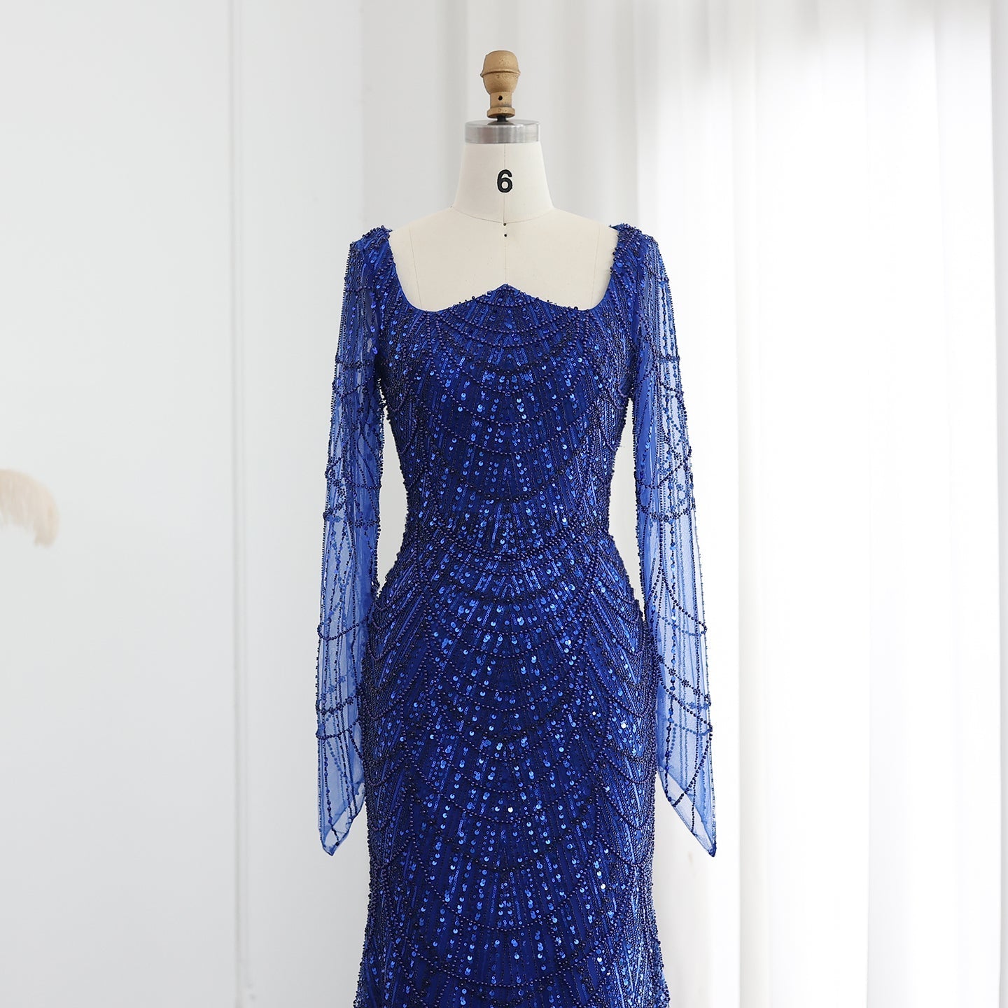 Luxury Beaded Champagne Long Sleeves Mermaid Evening Dress SS686