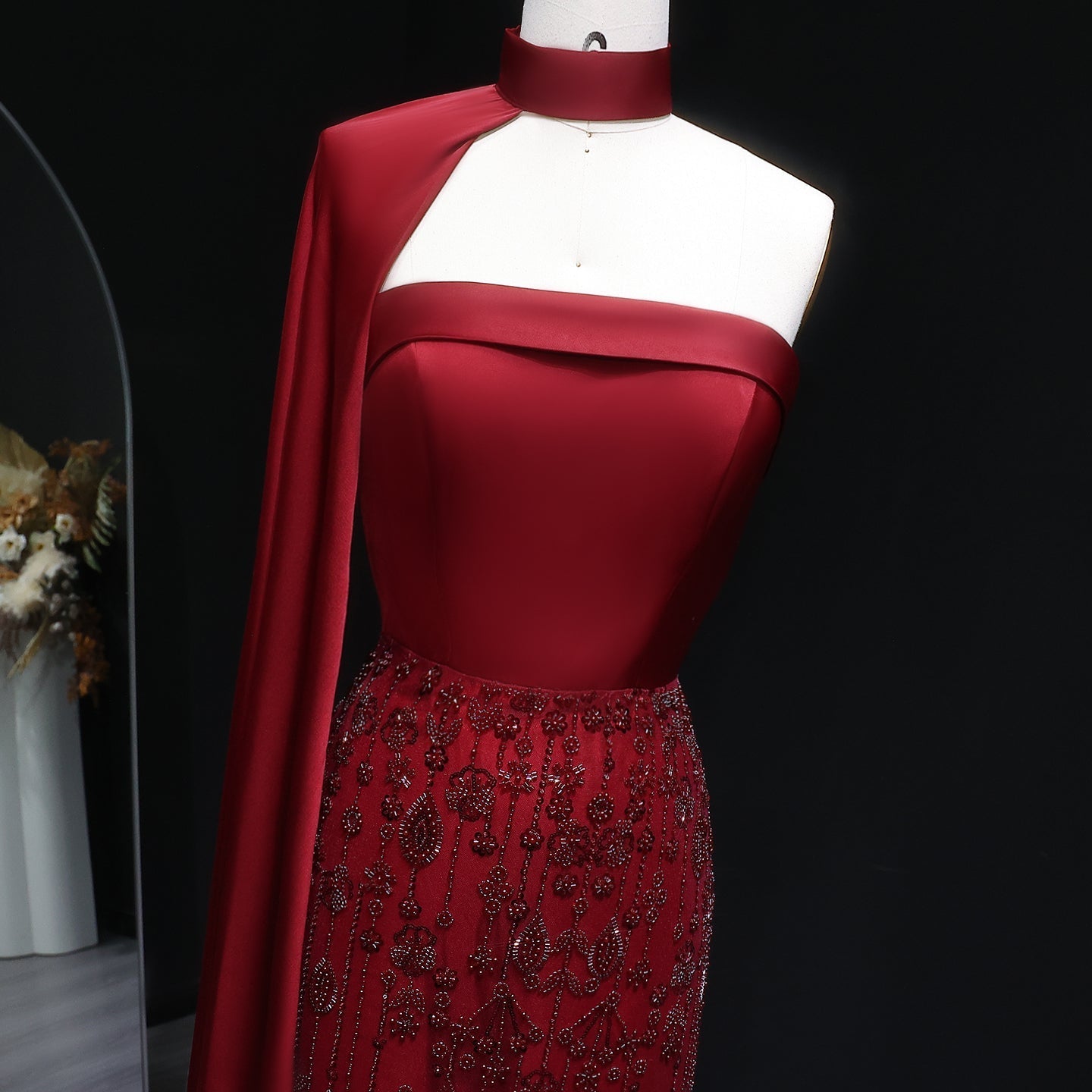 Luxury Sage Green Feathers Evening Dress with Scarf Cape SS014