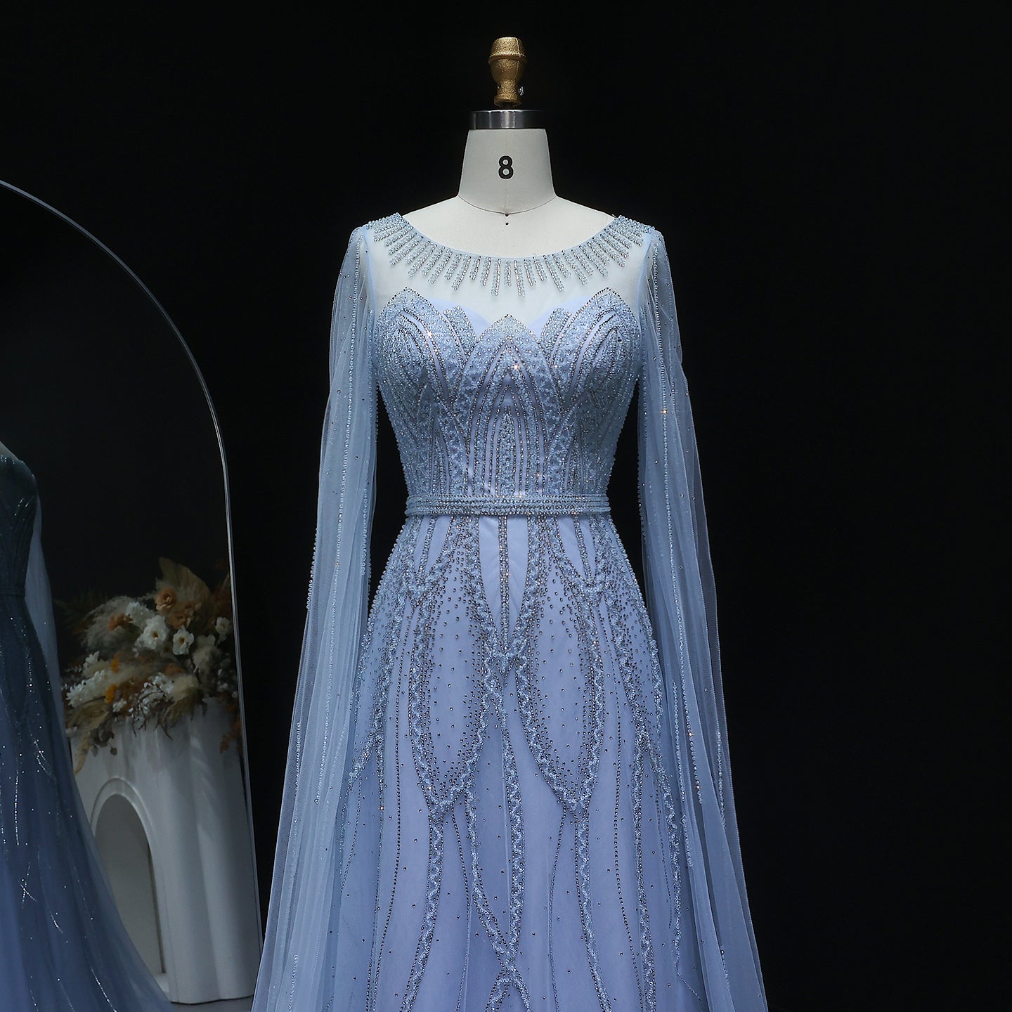 Luxury Blue Beaded Evening Dress with Cape Sleeves SS032