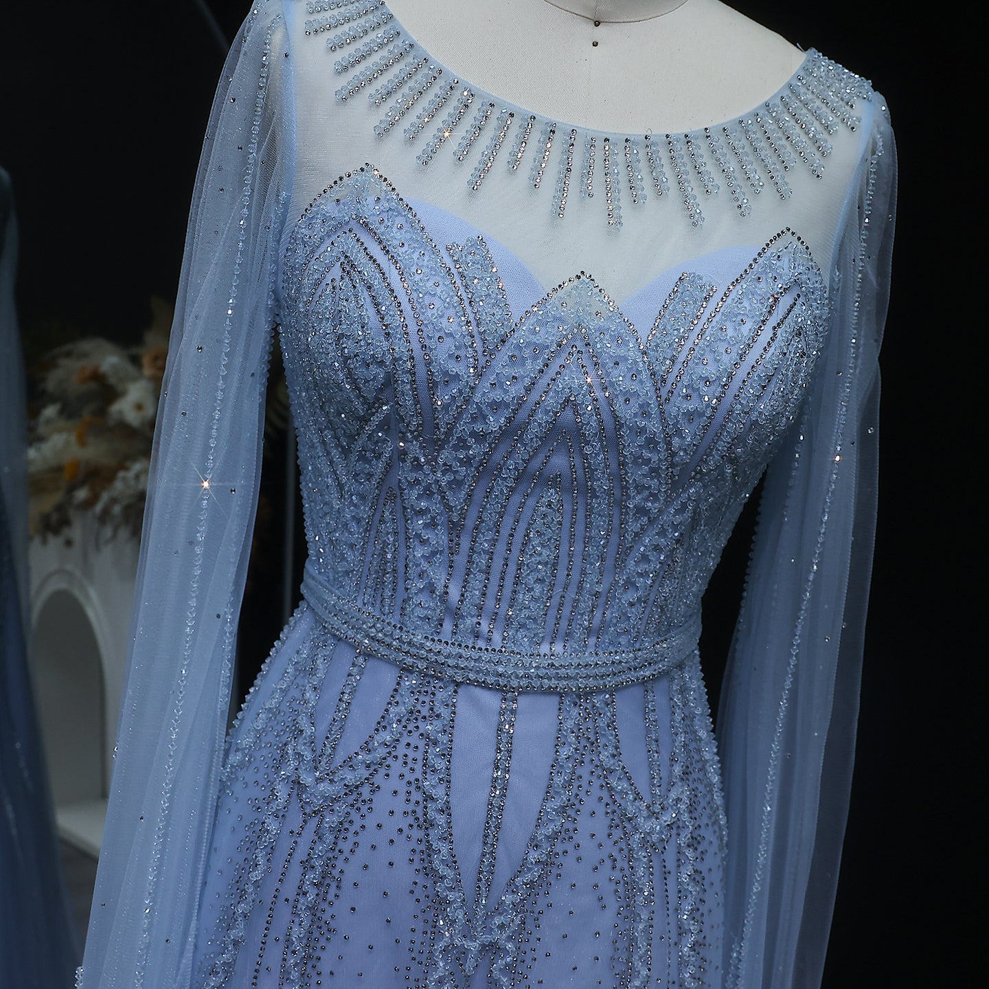 Luxury Blue Beaded Evening Dress with Cape Sleeves SS032