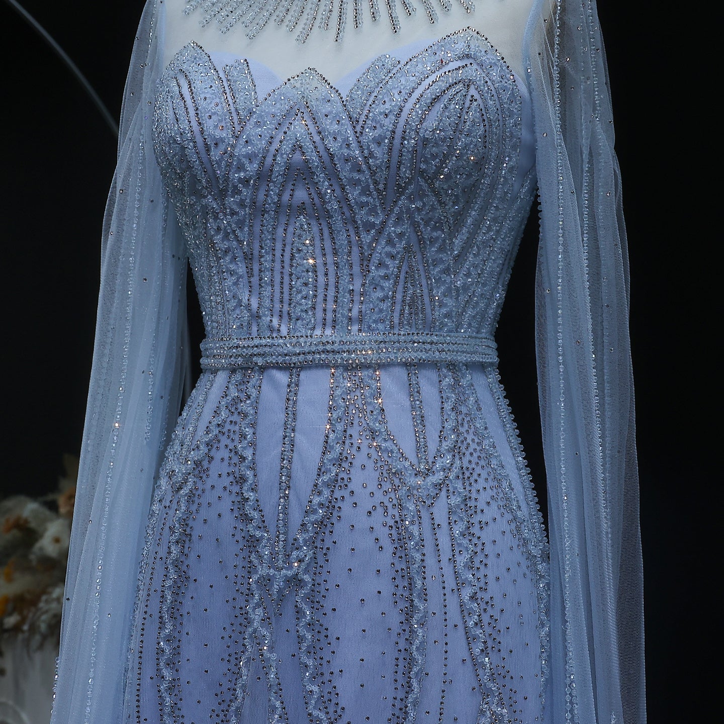 Luxury Blue Beaded Evening Dress with Cape Sleeves SS032