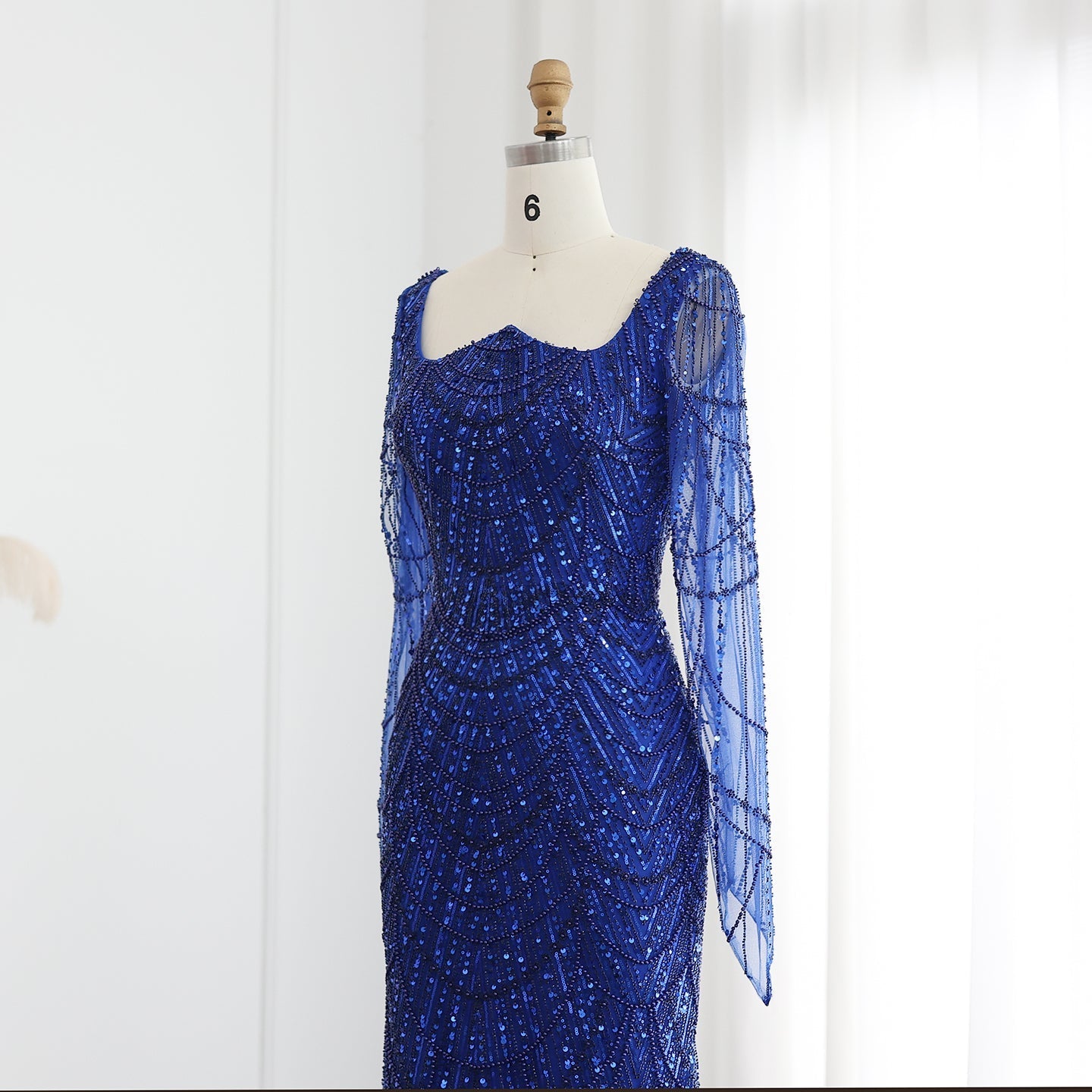 Luxury Beaded Champagne Long Sleeves Mermaid Evening Dress SS686