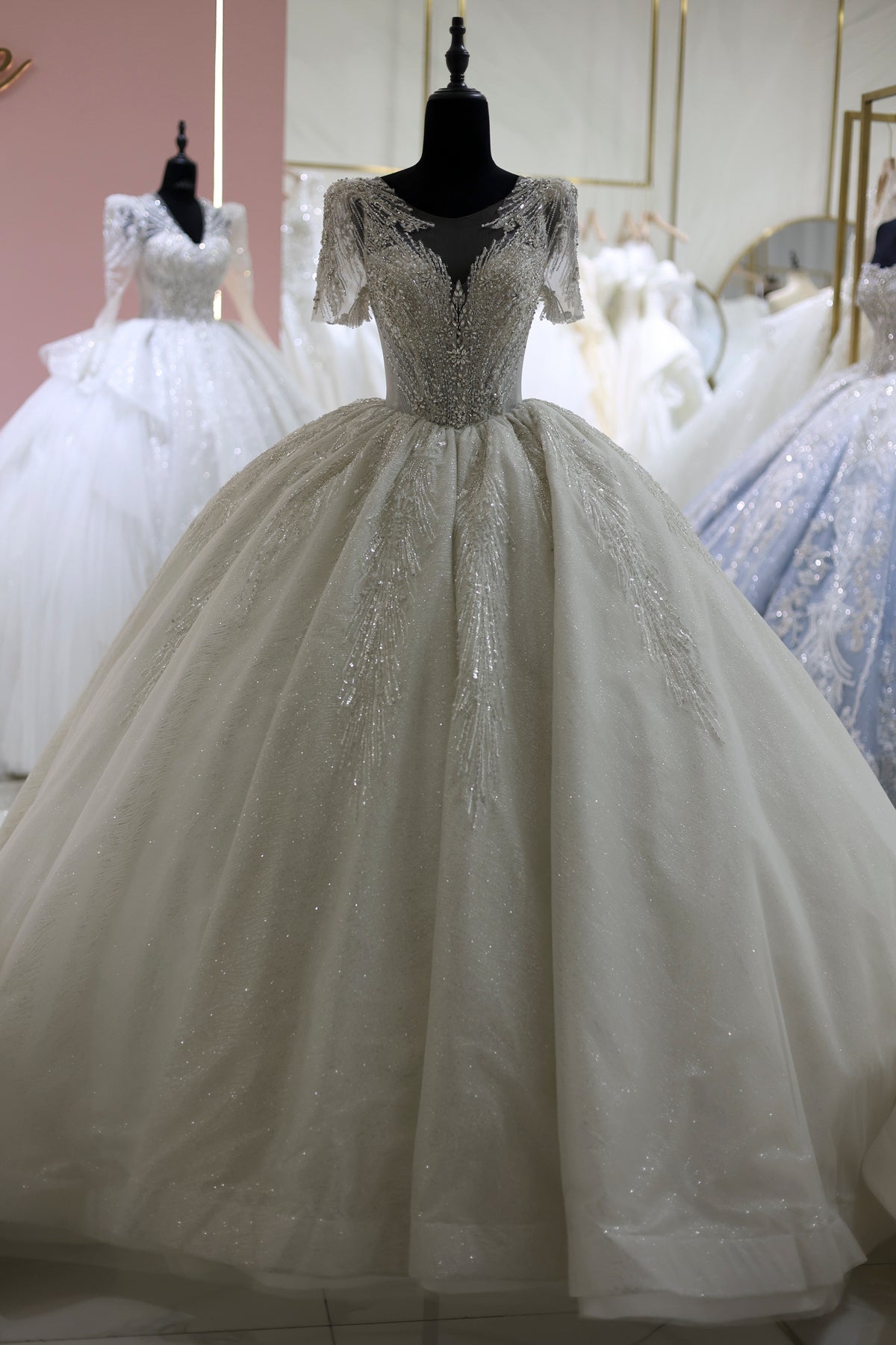 Luxury Beaded Short Sleeves Ball Gown Wedding Dress RS021