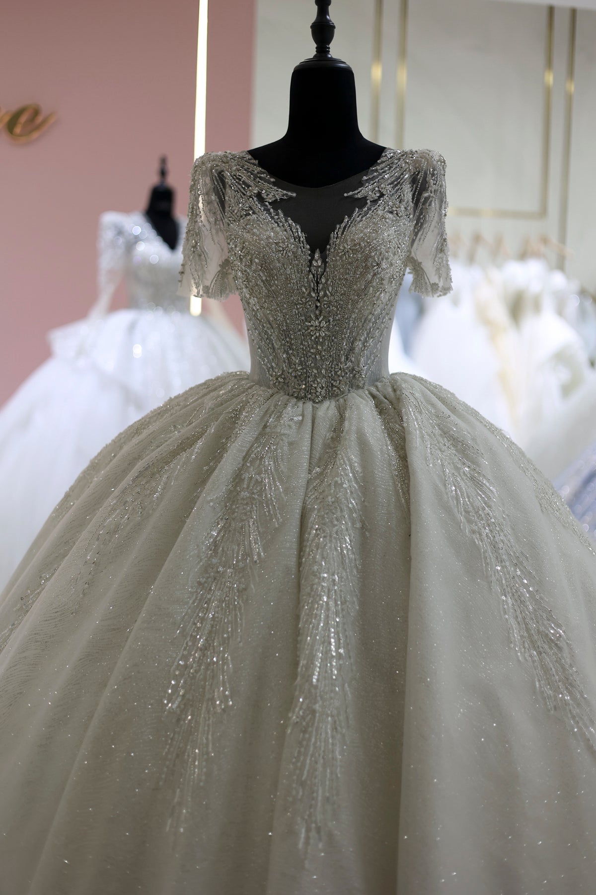 Luxury Beaded Short Sleeves Ball Gown Wedding Dress RS021