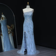 Stunning Tassel Pearls Blue One Shoulder Evening Dress SS031  Blue / US 16