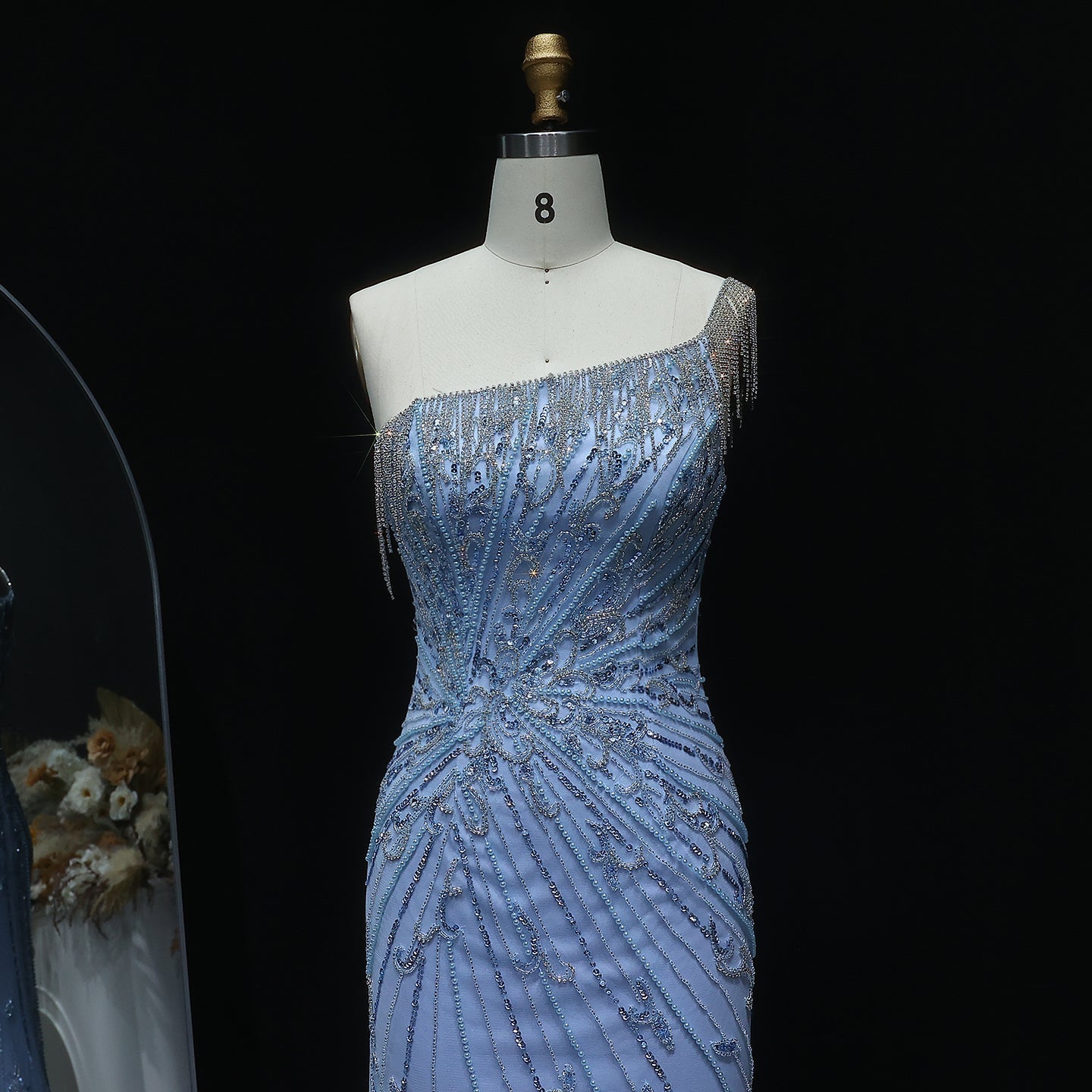 Stunning Tassel Pearls Blue One Shoulder Evening Dress SS031