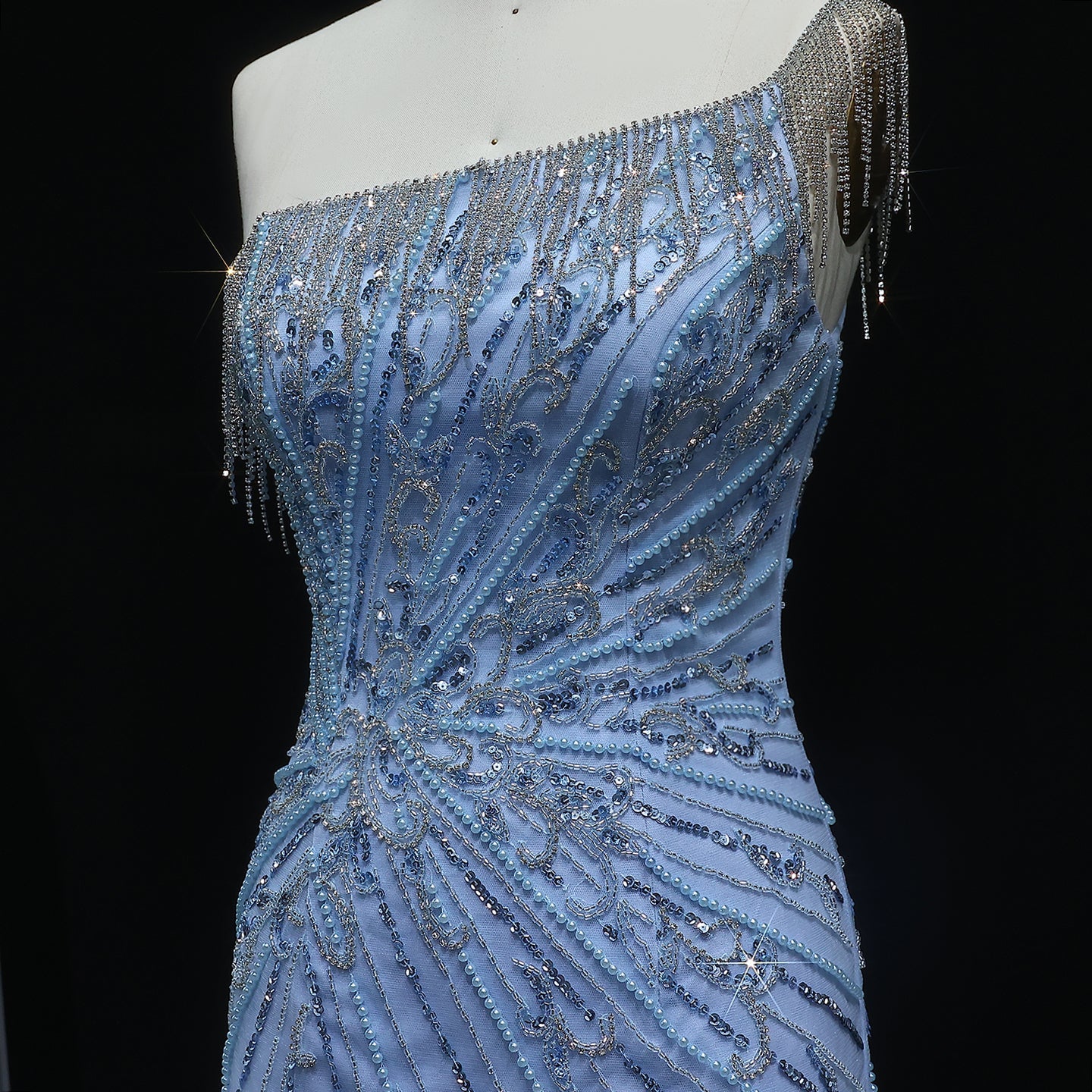 Stunning Tassel Pearls Blue One Shoulder Evening Dress SS031