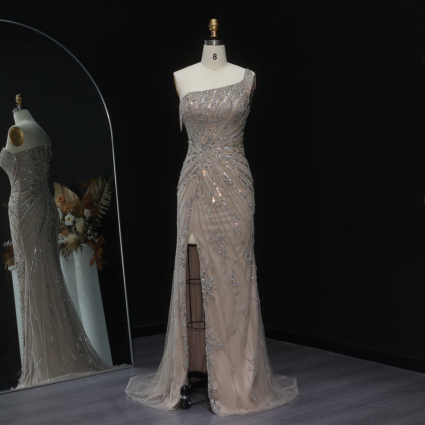 Stunning Tassel Pearls Blue One Shoulder Evening Dress SS031  Champagne / US 16