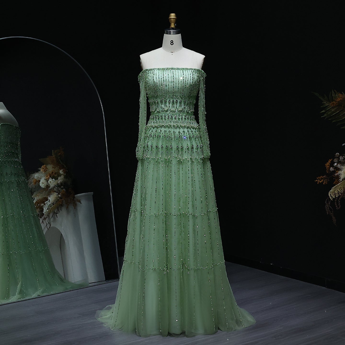 Elegant Off Shoulder Sage Green Evening Dress SS588  Sage Green / US 18