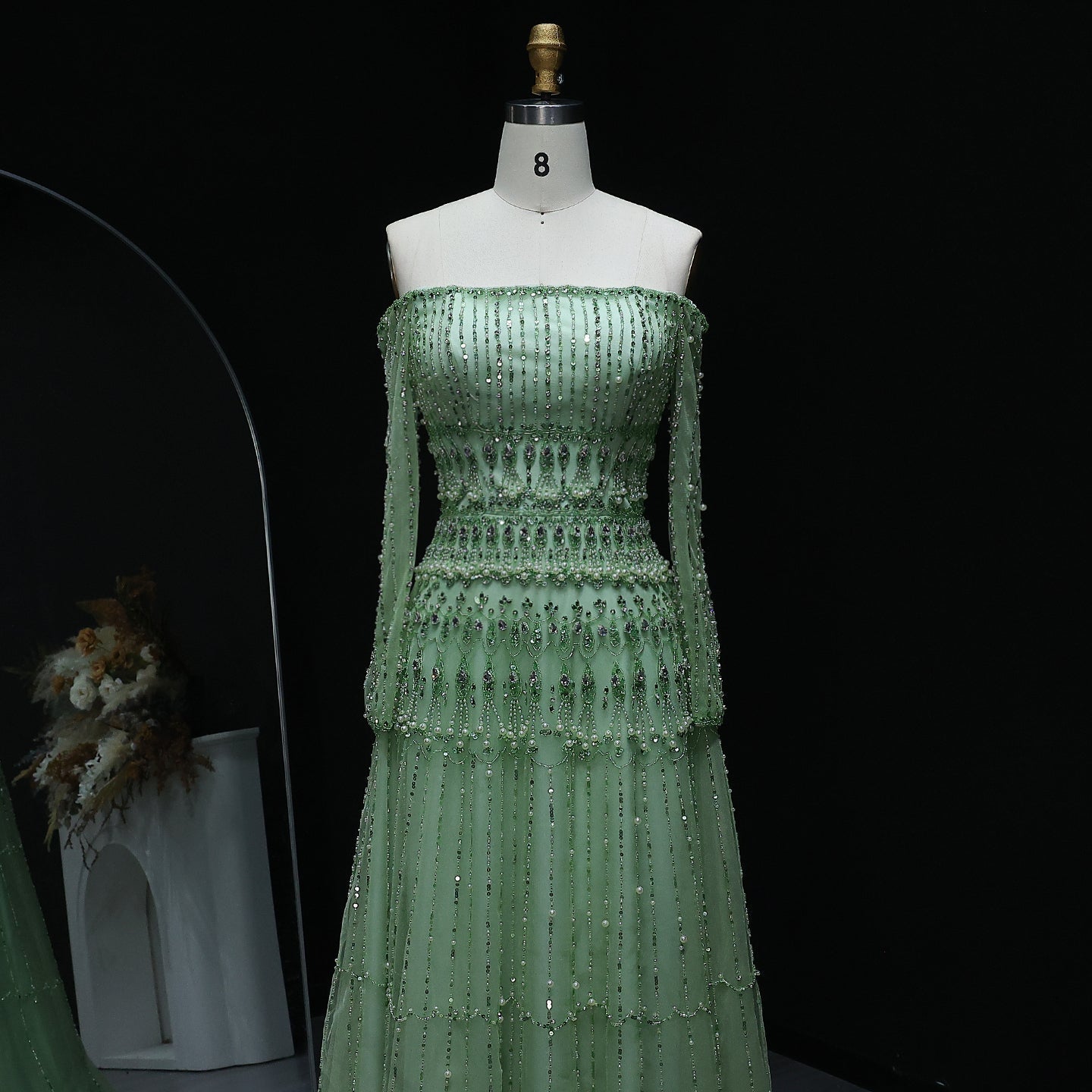 Elegant Off Shoulder Sage Green Evening Dress SS588