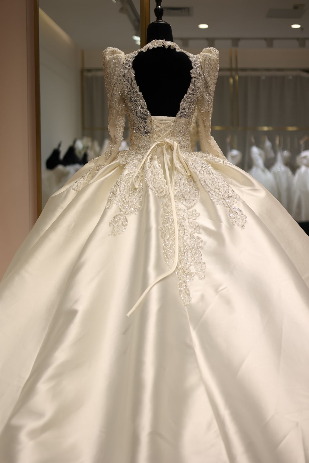 Luxury Crystal Lace V-Neck Long Sleeves Wedding Dress RS024