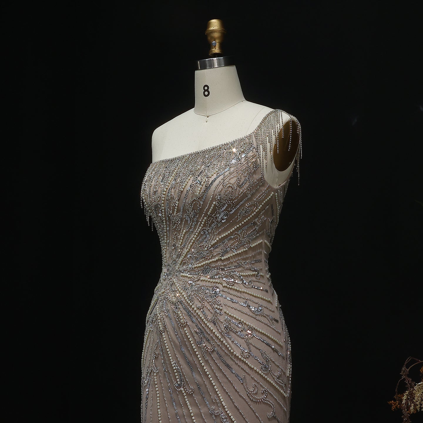 Stunning Tassel Pearls Blue One Shoulder Evening Dress SS031