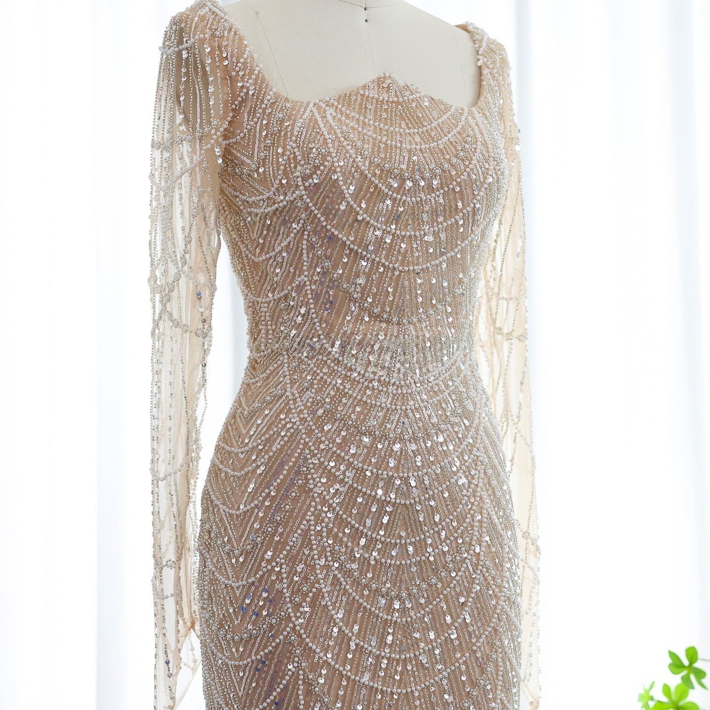 Luxury Beaded Champagne Long Sleeves Mermaid Evening Dress SS686