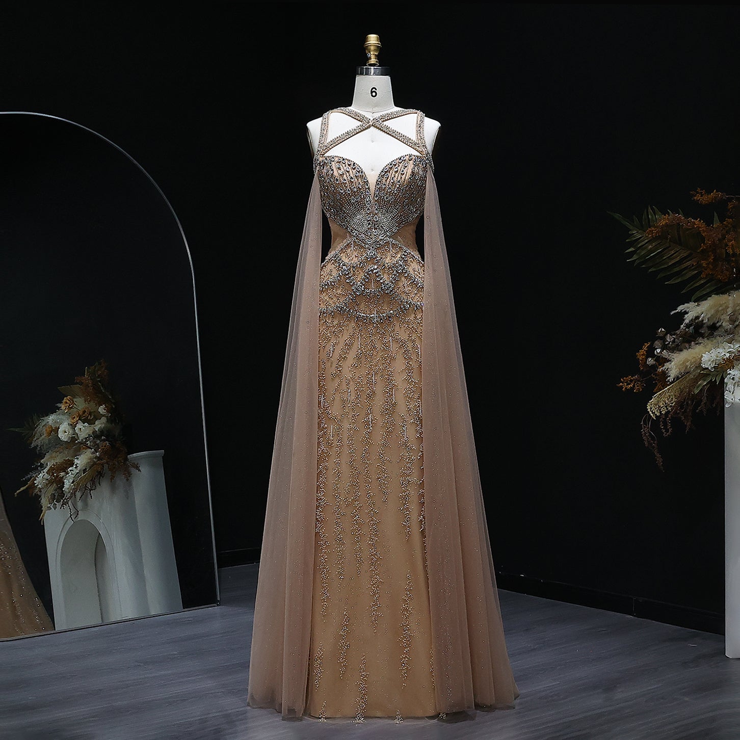 Luxury Crystal Evening Dress with Cape Sleeves SS211  Champagne / US 16