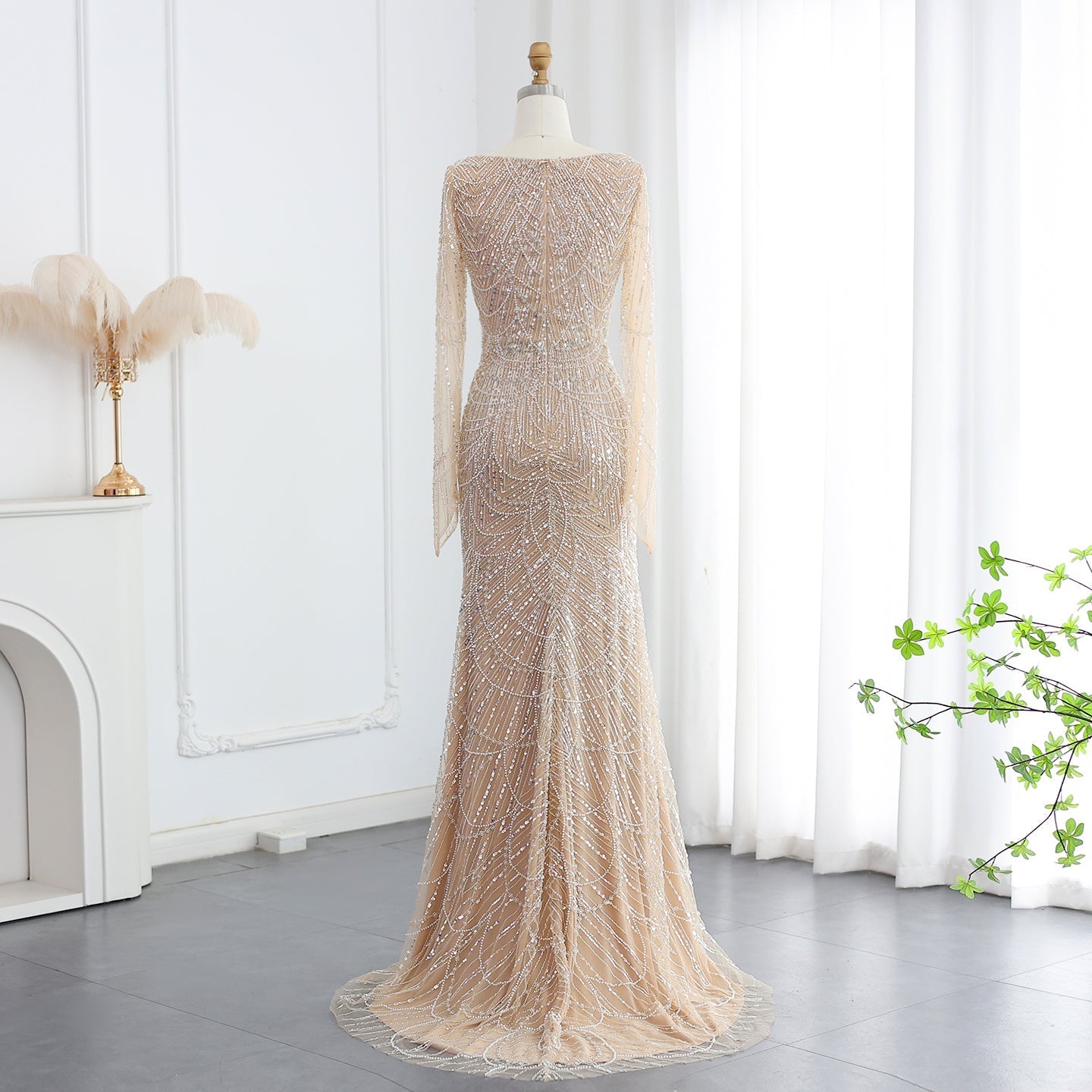 Luxury Beaded Champagne Long Sleeves Mermaid Evening Dress SS686
