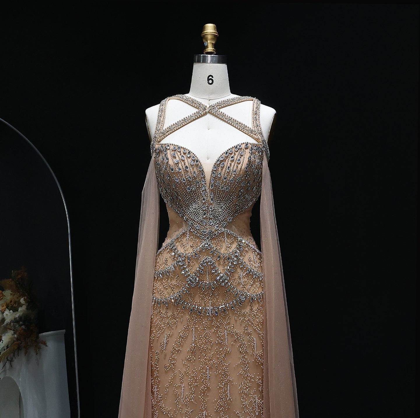 Luxury Crystal Evening Dress with Cape Sleeves SS211