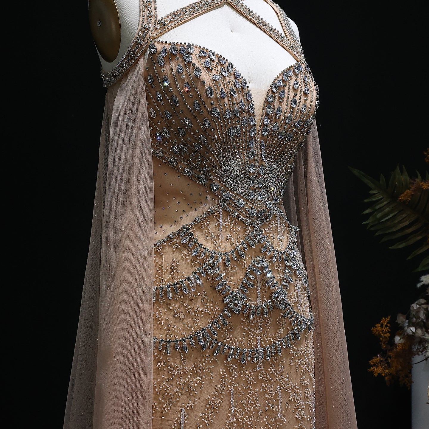 Luxury Crystal Evening Dress with Cape Sleeves SS211