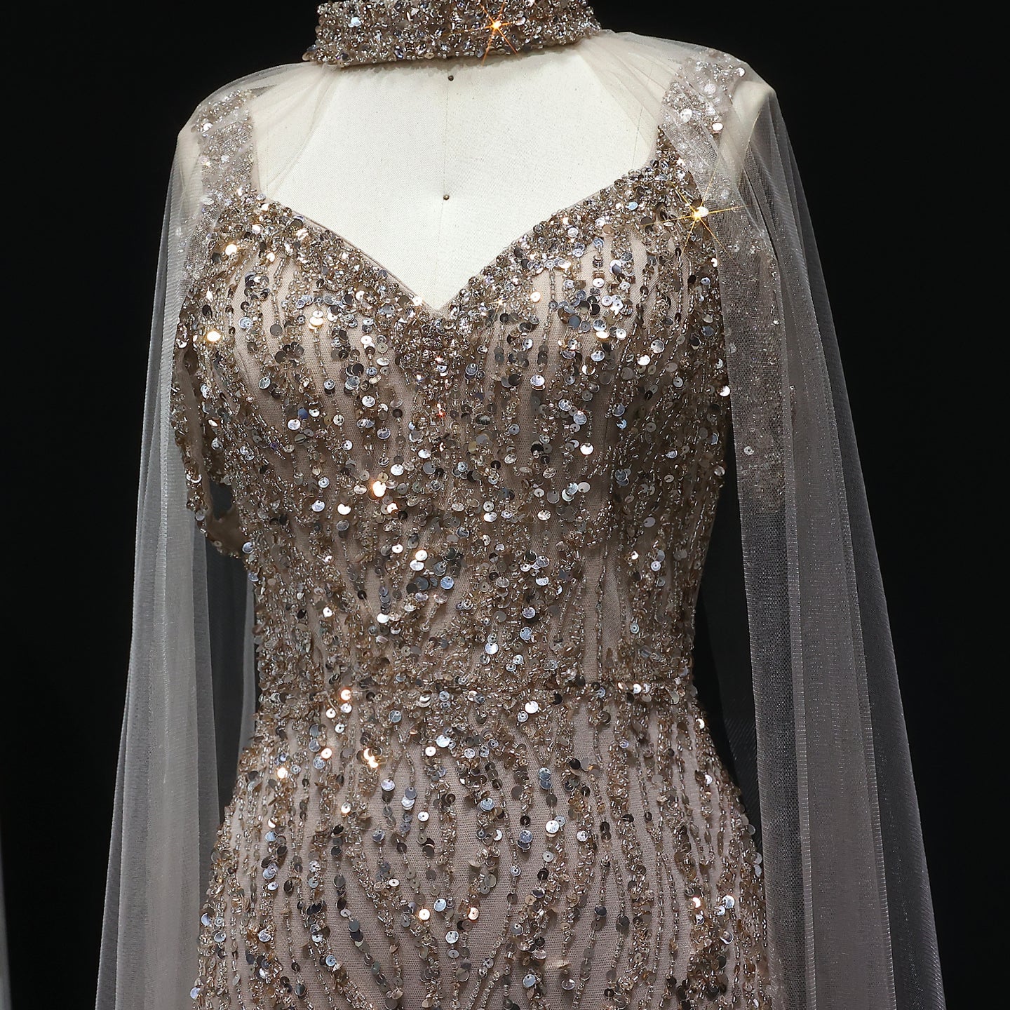 Luxury Beaded Pink Evening Dress with Chocker Cape SS033