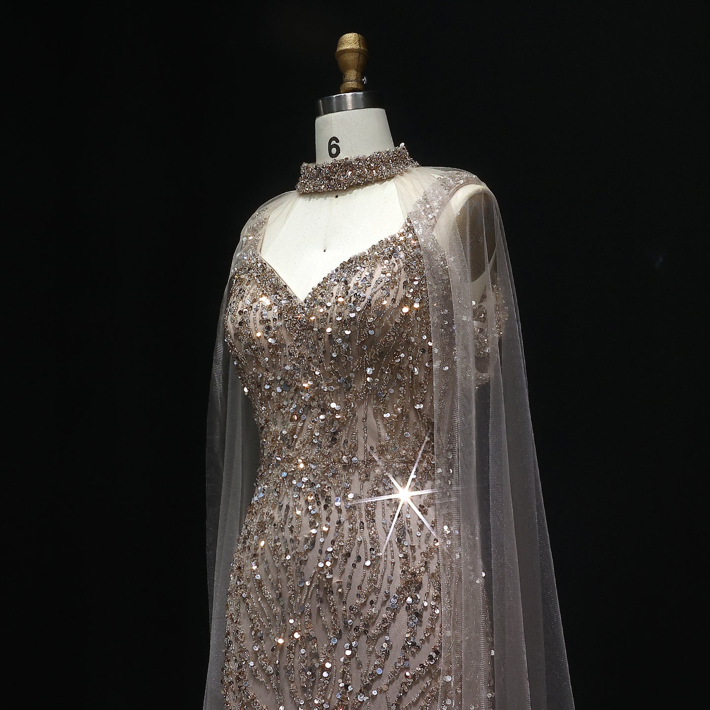 Luxury Beaded Pink Evening Dress with Chocker Cape SS033