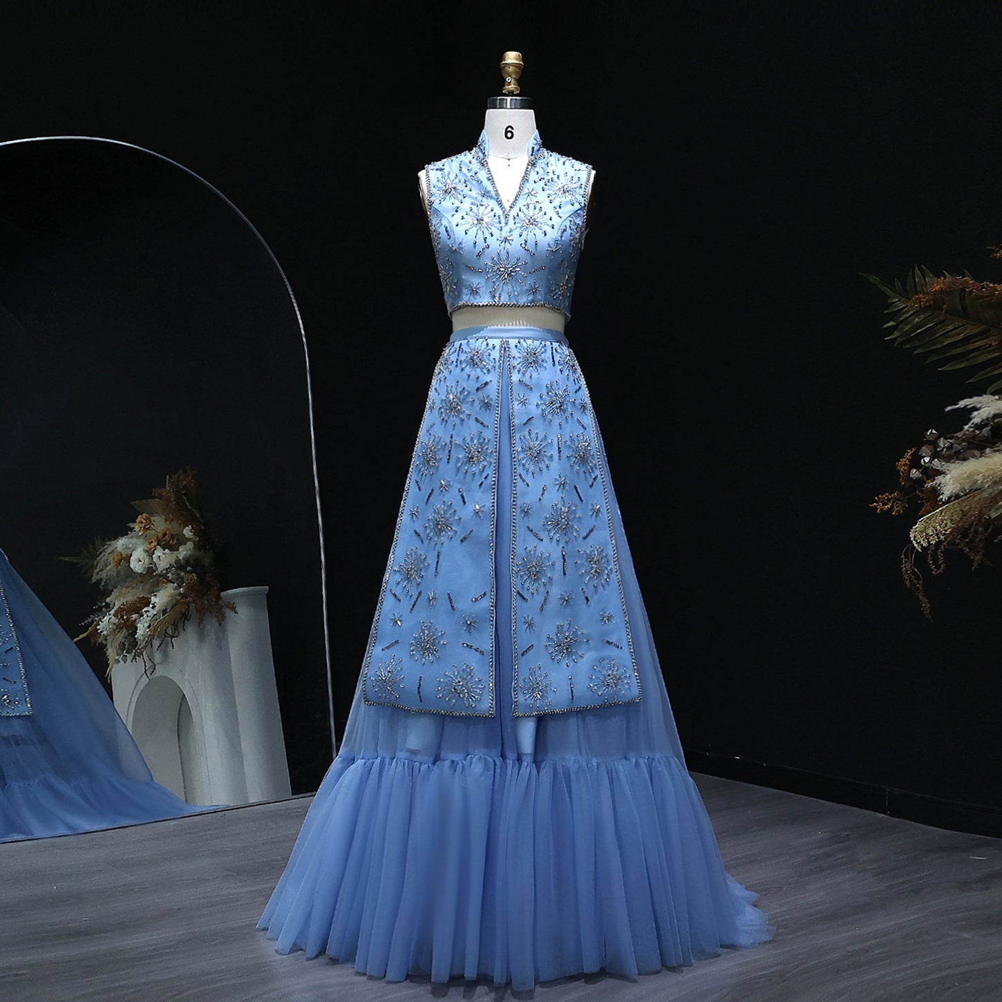 Luxury Blue Beaded 2 pieces Evening Dress with ruffles SS597