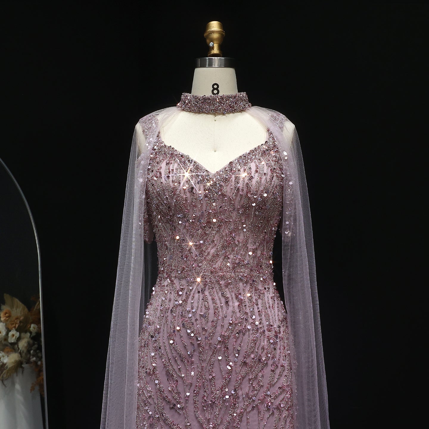 Luxury Beaded Pink Evening Dress with Chocker Cape SS033