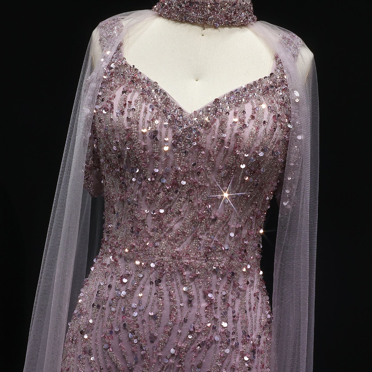 Luxury Beaded Pink Evening Dress with Chocker Cape SS033