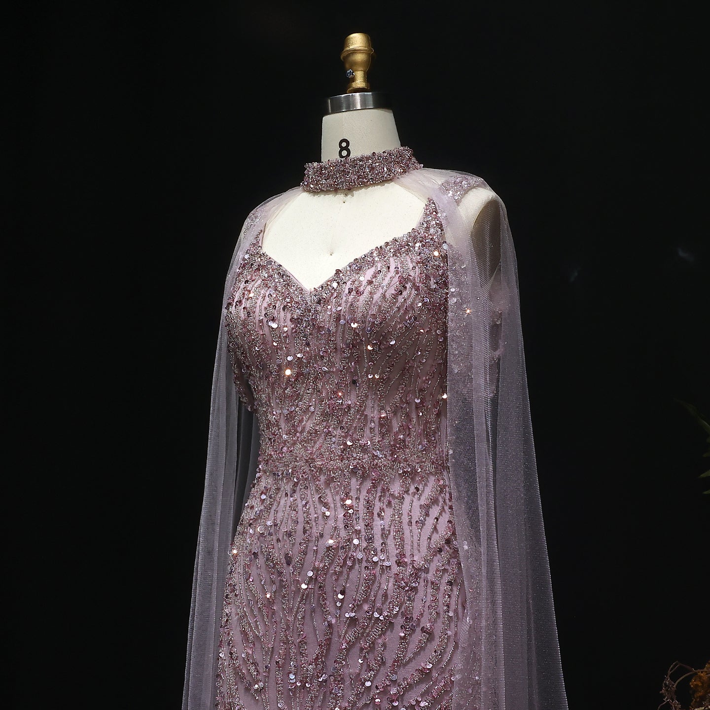 Luxury Beaded Pink Evening Dress with Chocker Cape SS033
