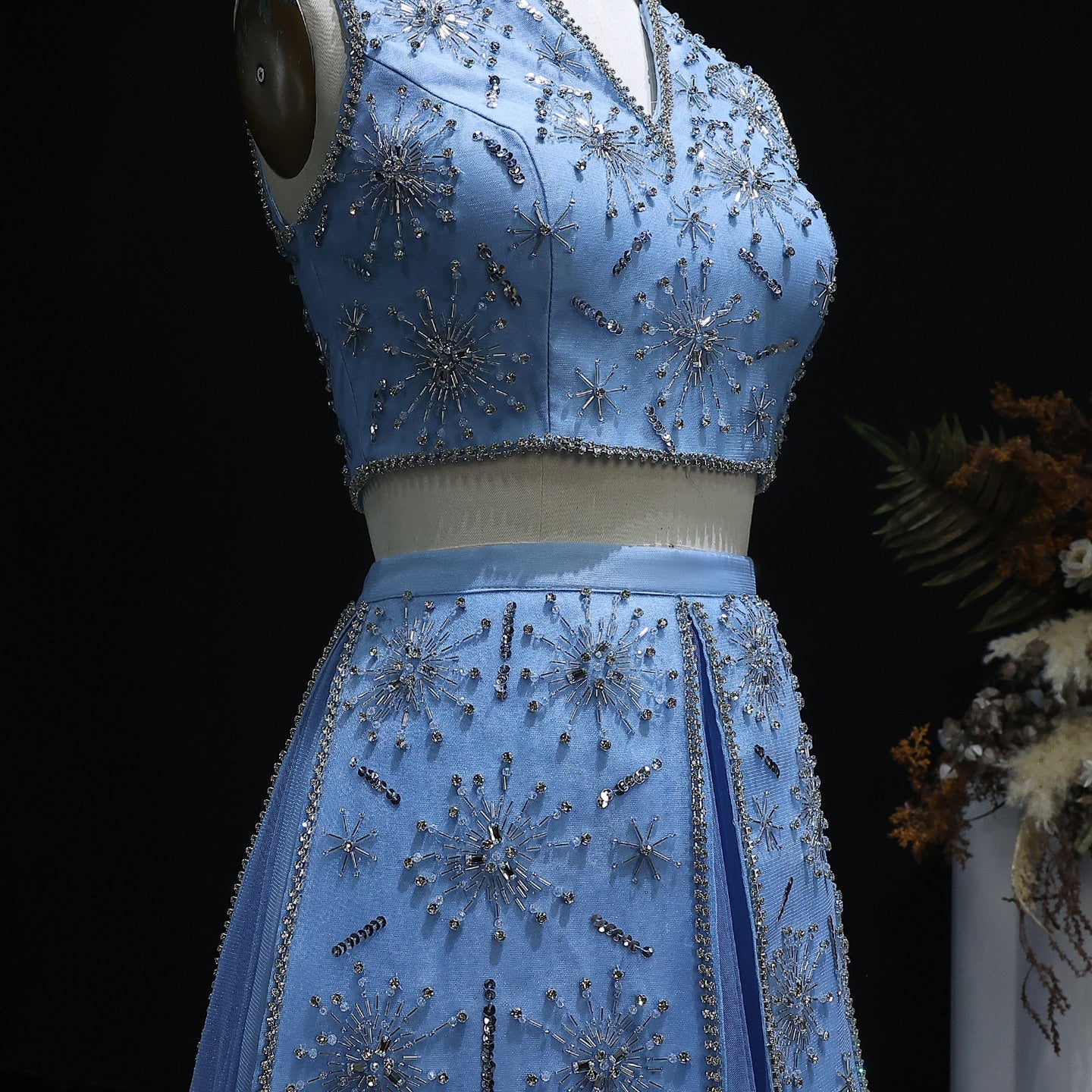 Luxury Blue Beaded 2 pieces Evening Dress with ruffles SS597