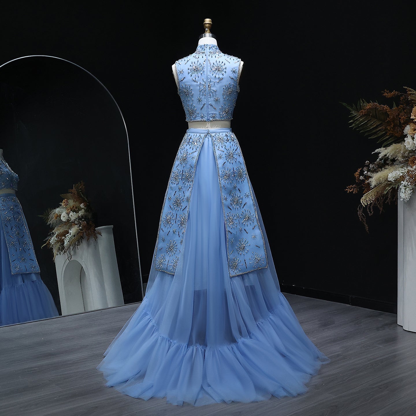 Luxury Blue Beaded 2 pieces Evening Dress with ruffles SS597
