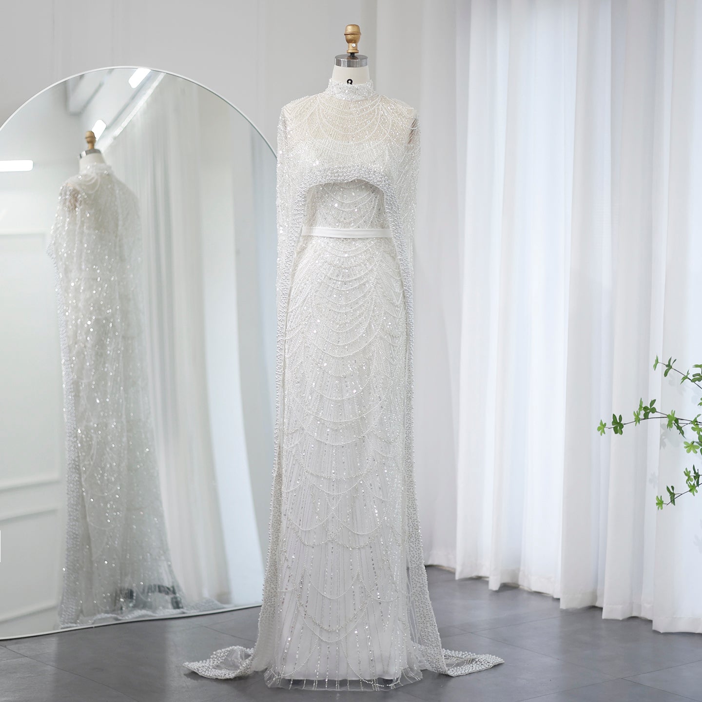 Luxury Pearls Champagne Evening Dress with Cape SS369  White / US 20