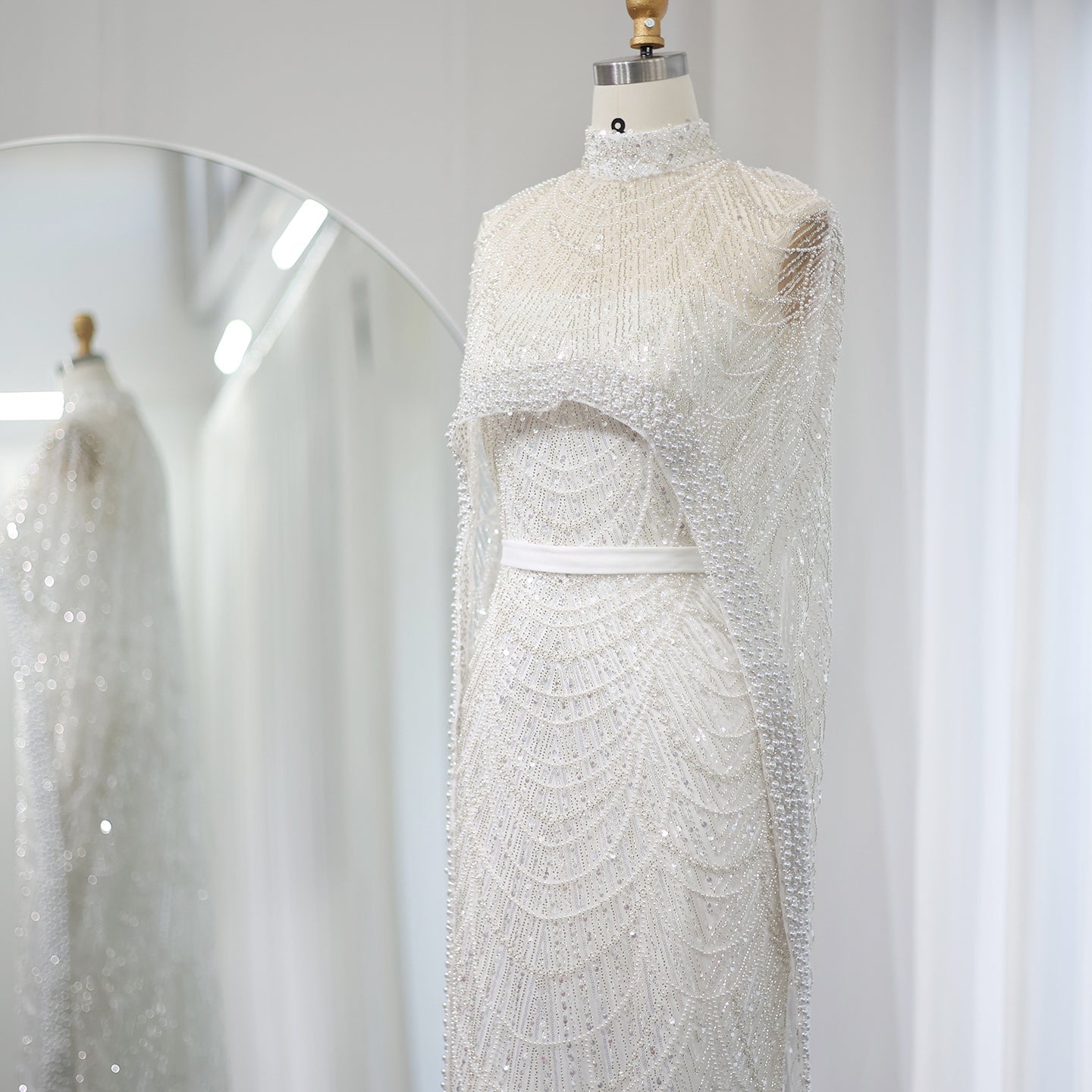 Luxury Pearls Champagne Evening Dress with Cape SS369